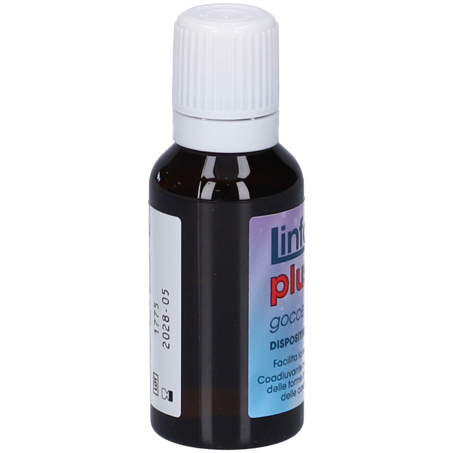 Braune Flasche mit weißem Verschluss. Aufschrift: LinfoVir plus Gocce Nasali. Medizinprodukt.