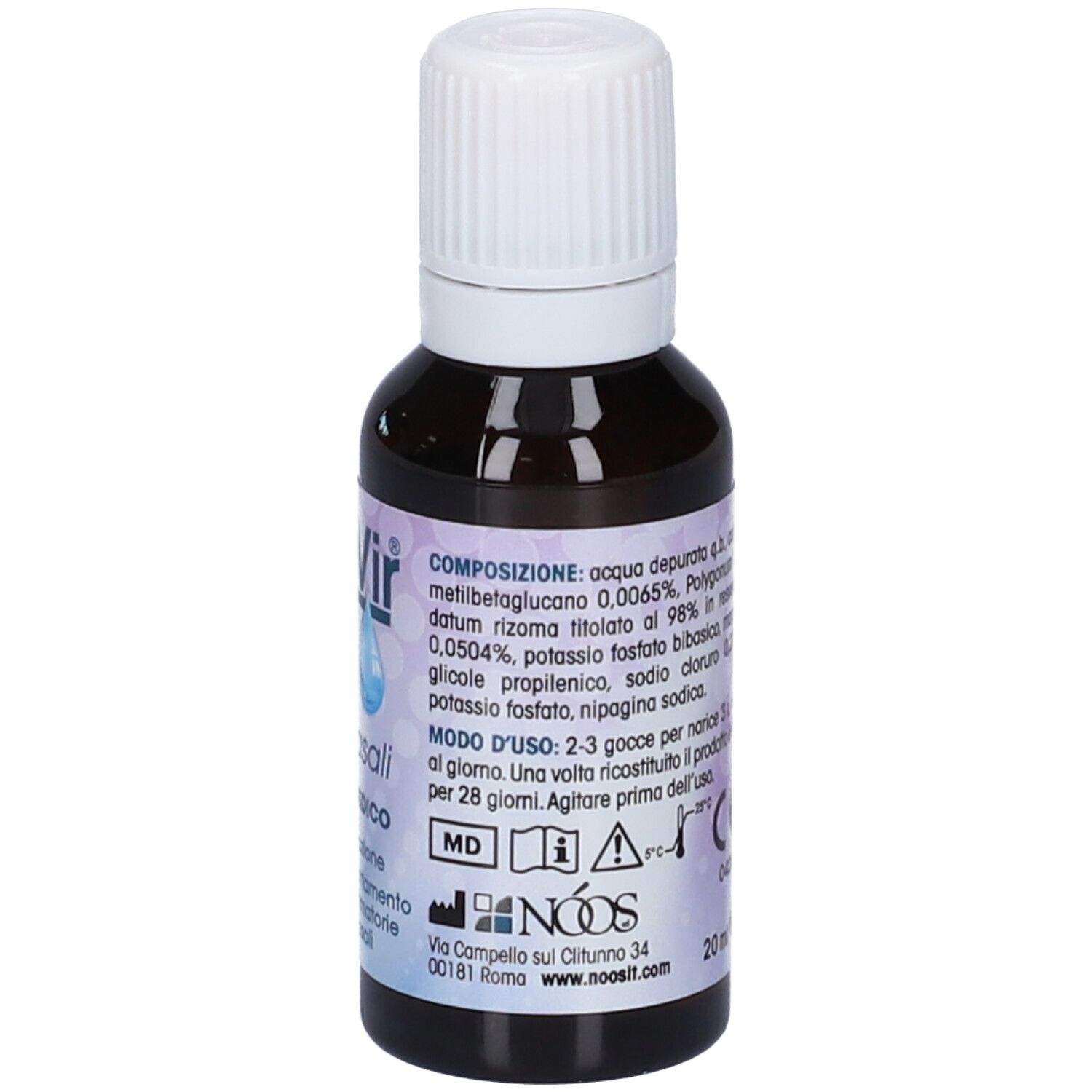 Braune Flasche mit weißem Verschluss. Aufschrift: LinfoVir plus Gocce Nasali. Medizinprodukt. Inhaltsstoffe.