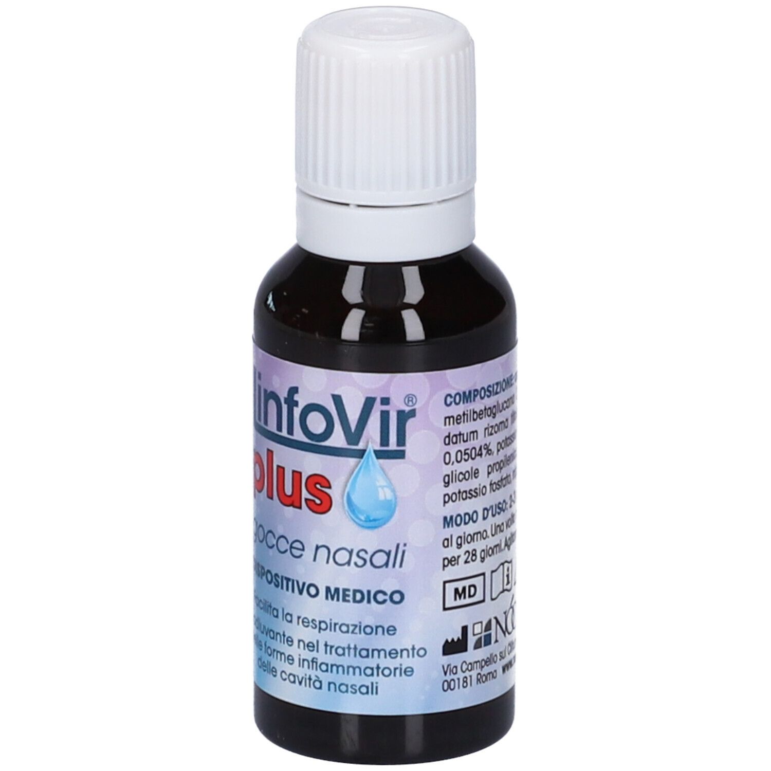 Braune Flasche mit weißem Verschluss. Aufschrift: LinfoVir plus Gocce Nasali. Medizinprodukt.