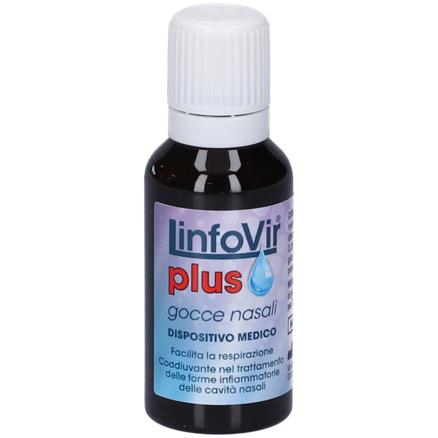 Braune Flasche mit weißem Verschluss. Aufschrift: LinfoVir plus Gocce Nasali. Medizinprodukt.