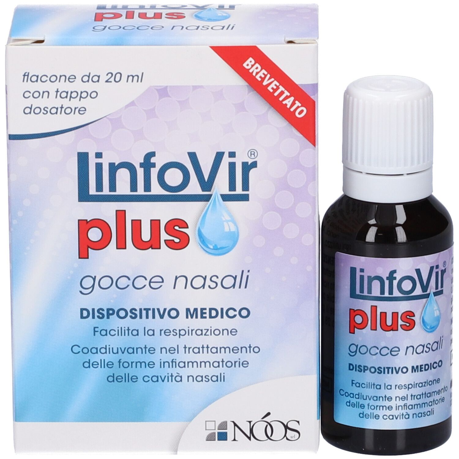 Produktverpackung und Flasche. Aufschrift: LinfoVir plus Gocce Nasali. Medizinprodukt. Mit Dosierkappe.
