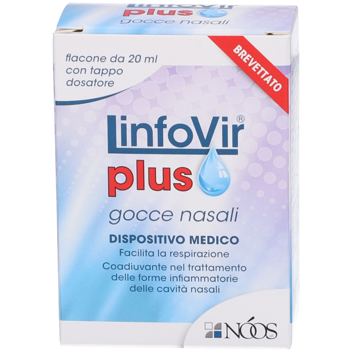 Produktverpackung. Aufschrift: LinfoVir plus Gocce Nasali. Medizinprodukt. Mit Dosierkappe.