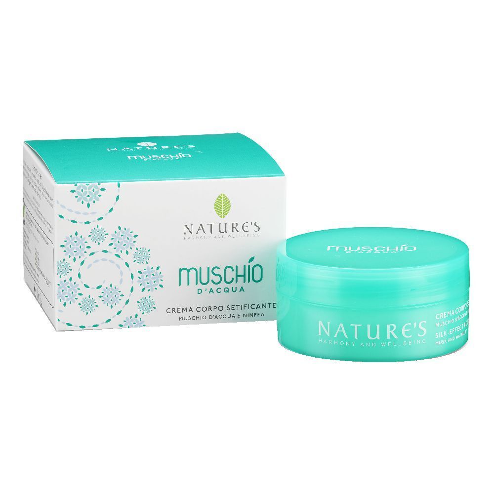 Vaso e scatola turchese. Scritta: NATURE'S, Muschio d'Acqua, Crema Corpo Setificante.