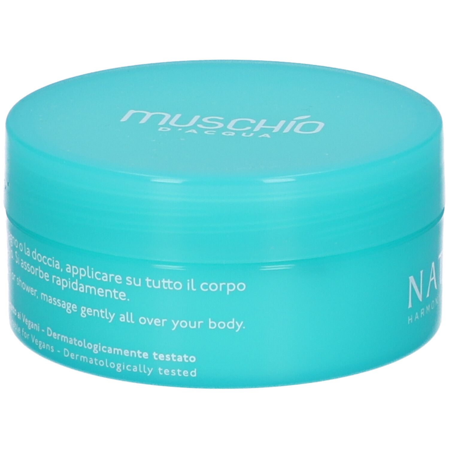 Vaso turchese. Scritta: Muschio d'Acqua. Testo: Modo d'uso, How to use, Dermatologicamente testato.