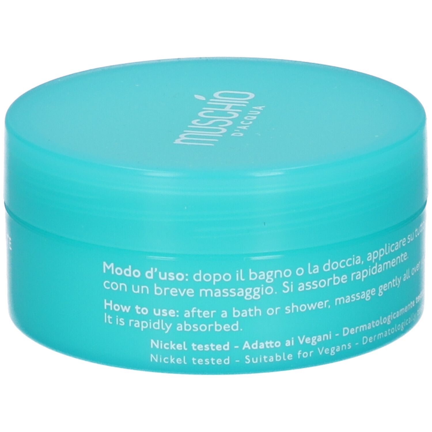 Vaso turchese. Scritta: Muschio d'Acqua. Testo: Modo d'uso, How to use, Dermatologicamente testato.