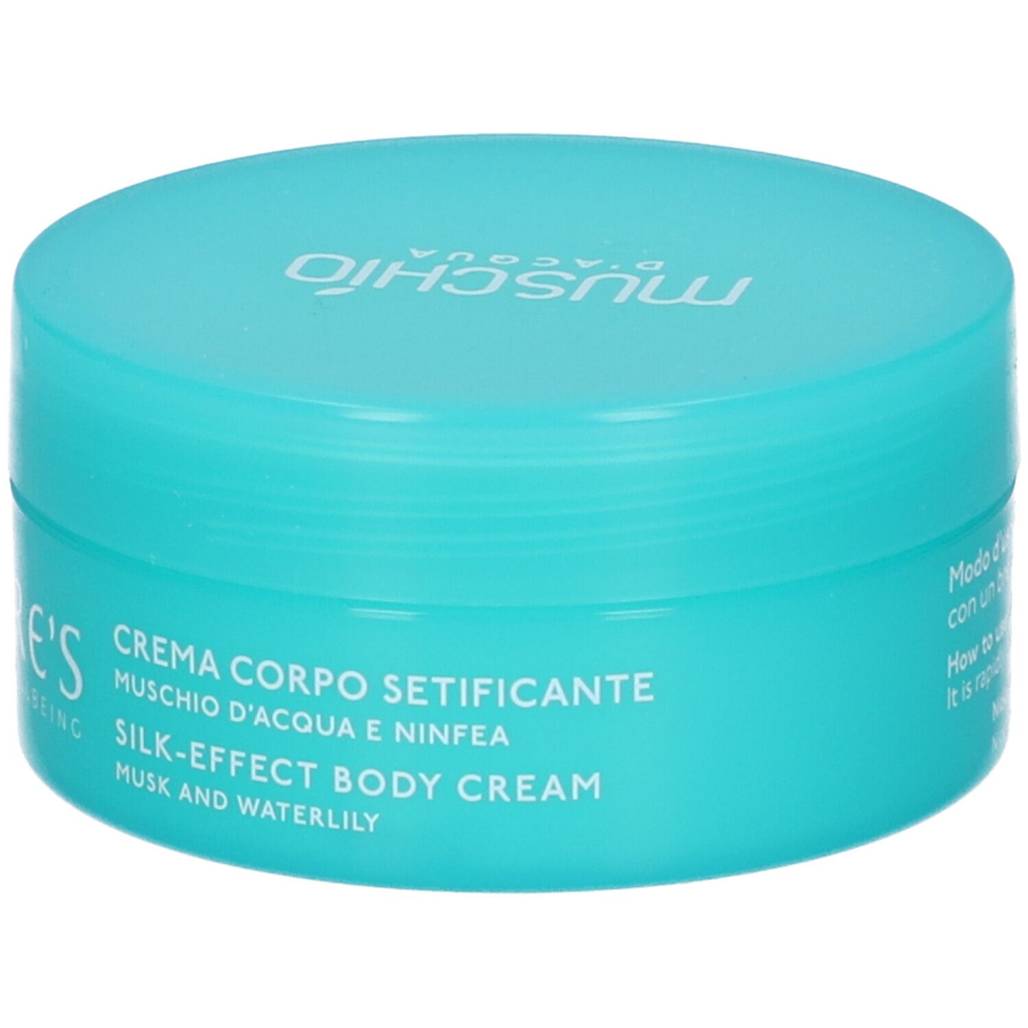 Vaso turchese. Scritta: NATURE'S, Crema Corpo Setificante, Silk-Effect Body Cream.
