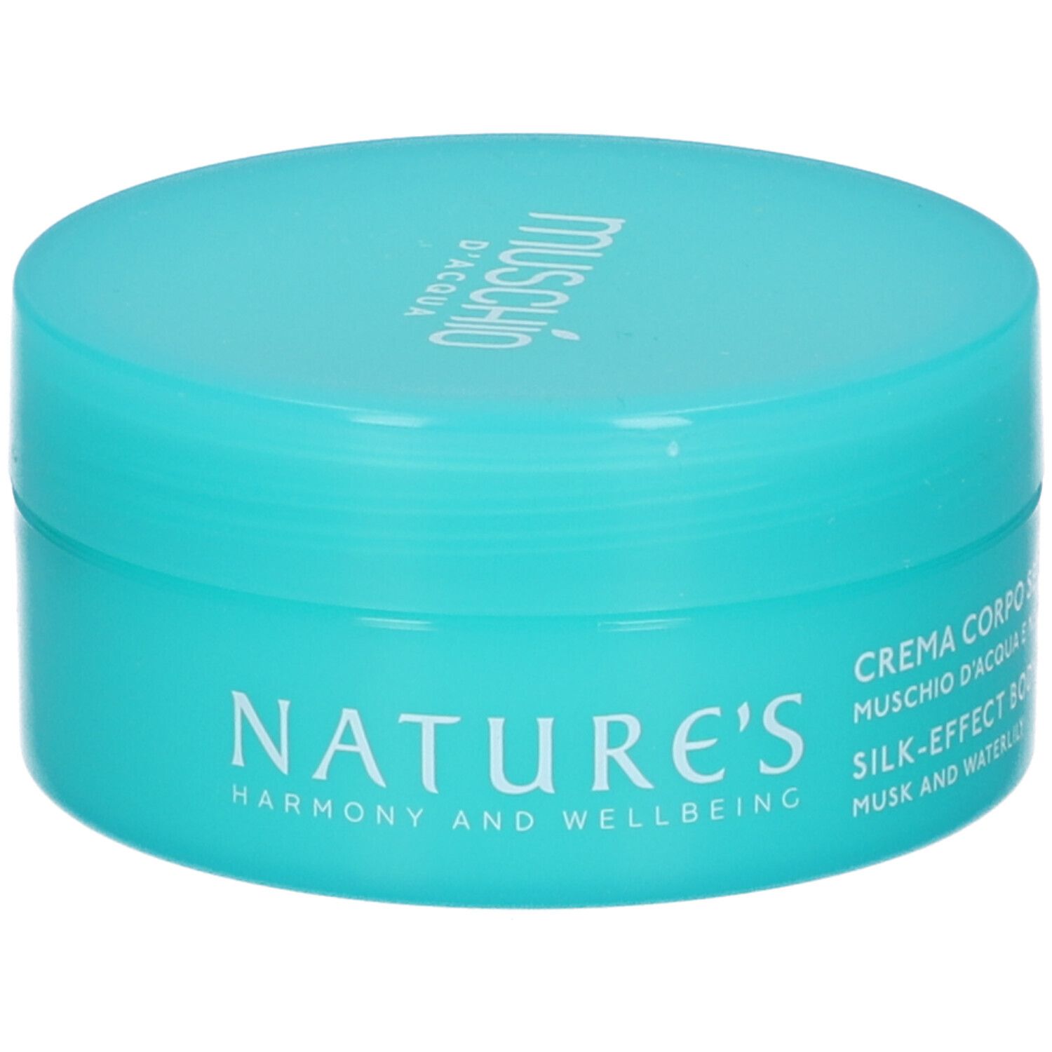 Vaso turchese. Scritta: NATURE'S, Harmony and Wellbeing, Crema Corpo.