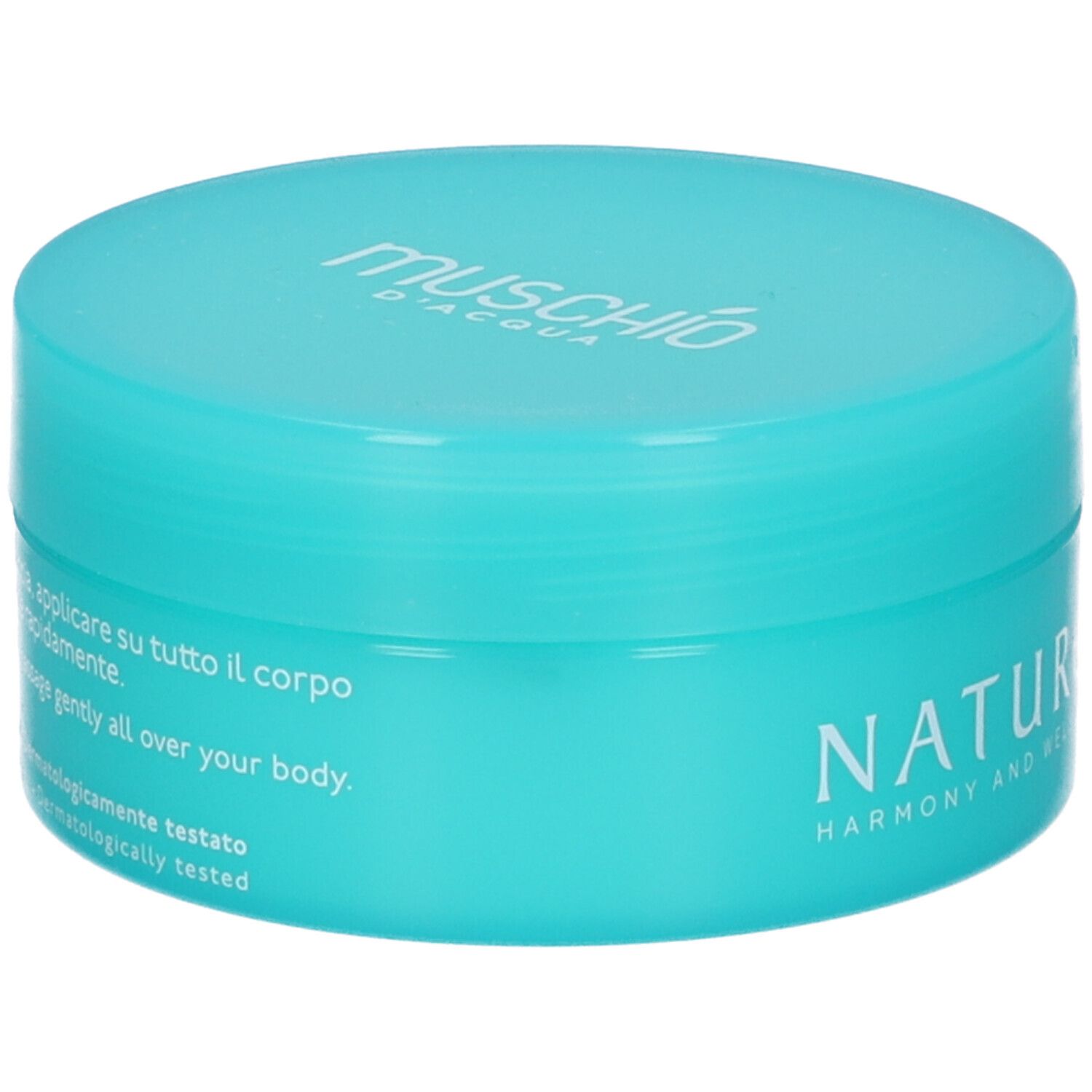 Vaso turchese. Scritta: Muschio d'Acqua. Testo: Modo d'uso, How to use, Dermatologicamente testato.