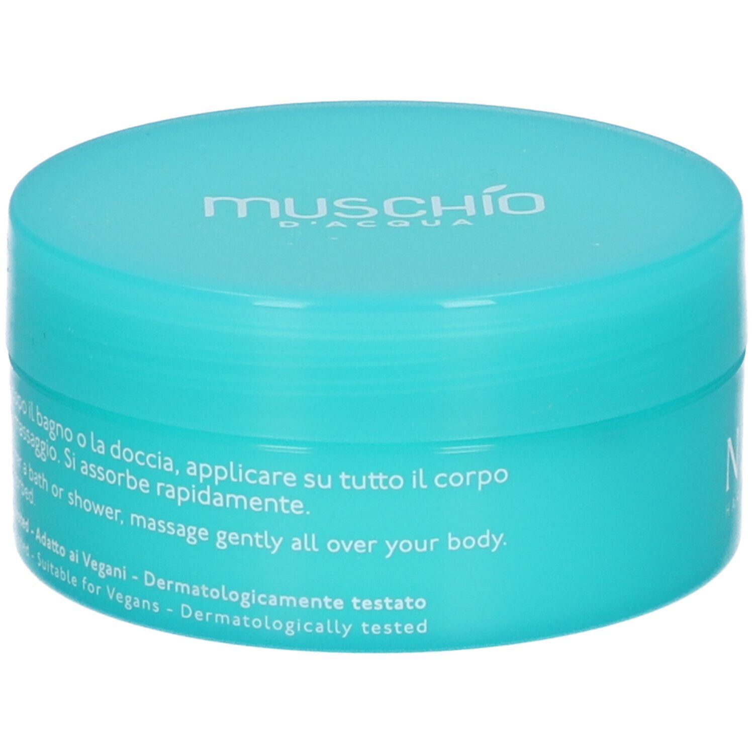 Vaso turchese. Scritta: Muschio d'Acqua. Testo: Modo d'uso, How to use, Dermatologicamente testato.
