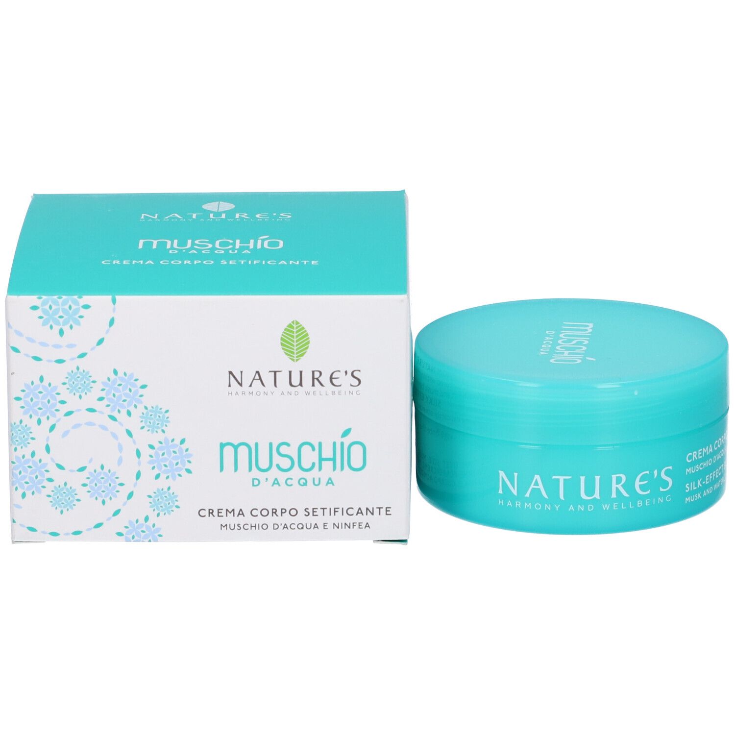 Vaso e scatola turchese. Scritta: NATURE'S, Muschio d'Acqua, Crema Corpo Setificante.