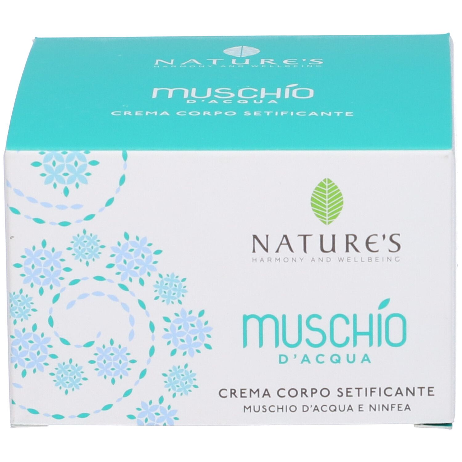 Scatola. Scritta: NATURE'S, Muschio d'Acqua, Crema Corpo Setificante.