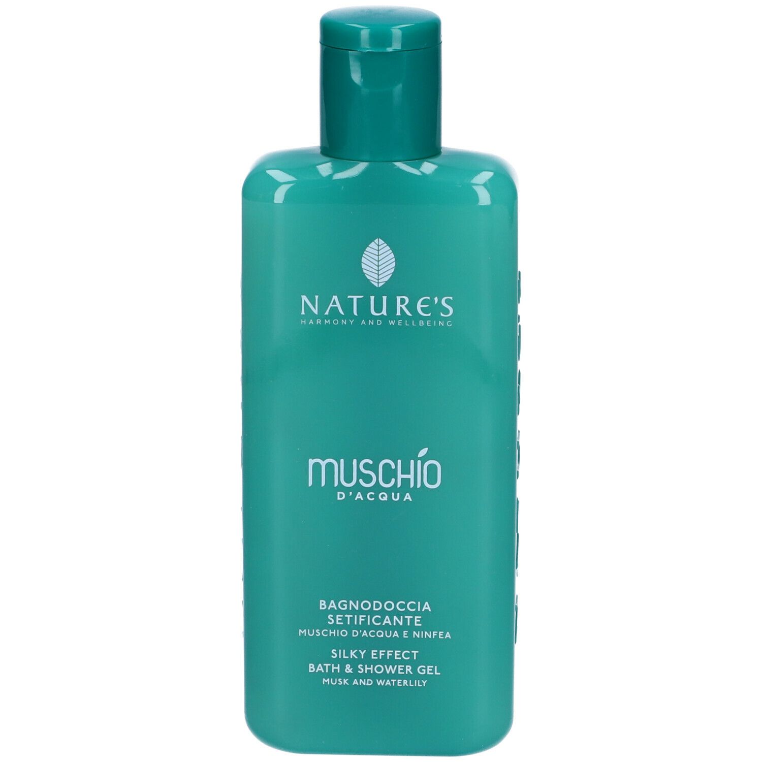 Flacone turchese con tappo verde. Scritta: NATURE'S, Muschio d'Acqua, Bagnodoccia Setificante, Silky Effect, Bath & Shower Gel.