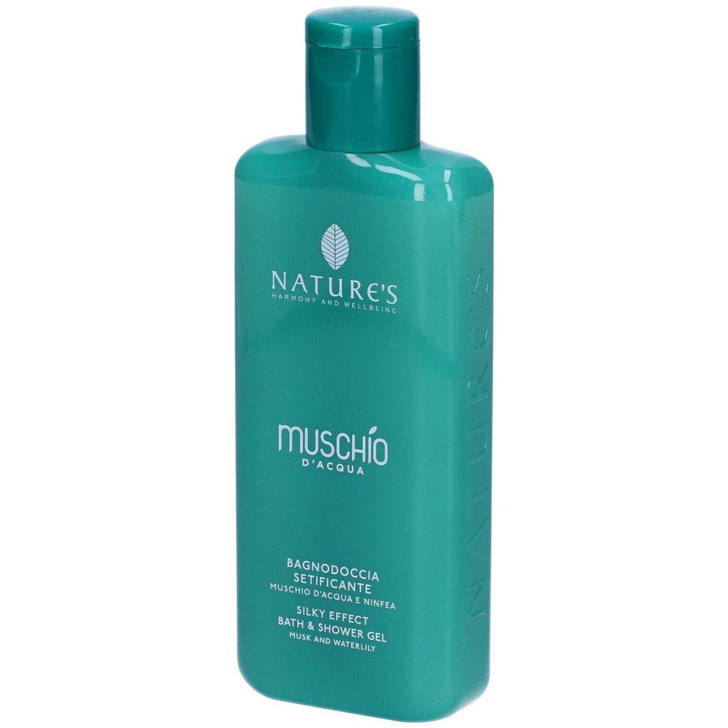 Flacone turchese con tappo verde. Scritta: NATURE'S, Muschio d'Acqua, Bagnodoccia Setificante, Silky Effect, Bath & Shower Gel.