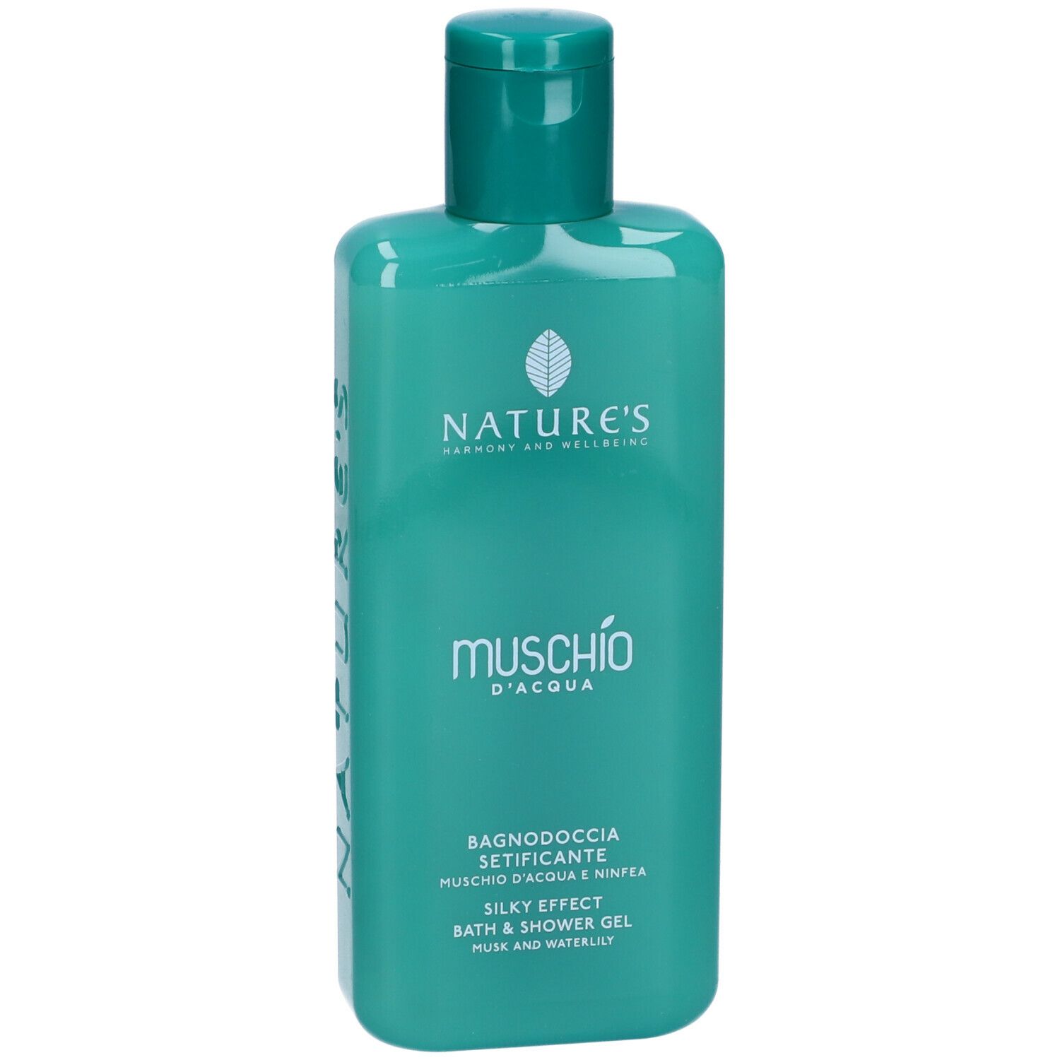 Flacone turchese con tappo verde. Scritta: NATURE'S, Muschio d'Acqua, Bagnodoccia Setificante, Silky Effect, Bath & Shower Gel.