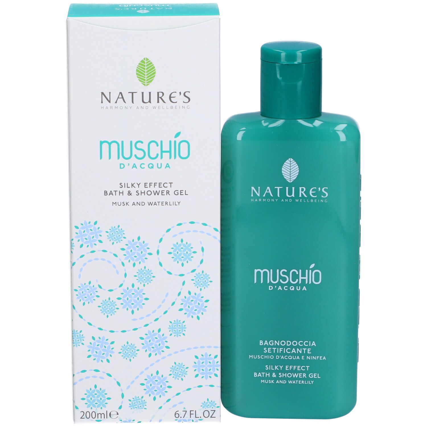 Confezione del prodotto con flacone e scatola. Scritta: NATURE'S, Muschio d'Acqua, Silky Effect, Bath & Shower Gel.