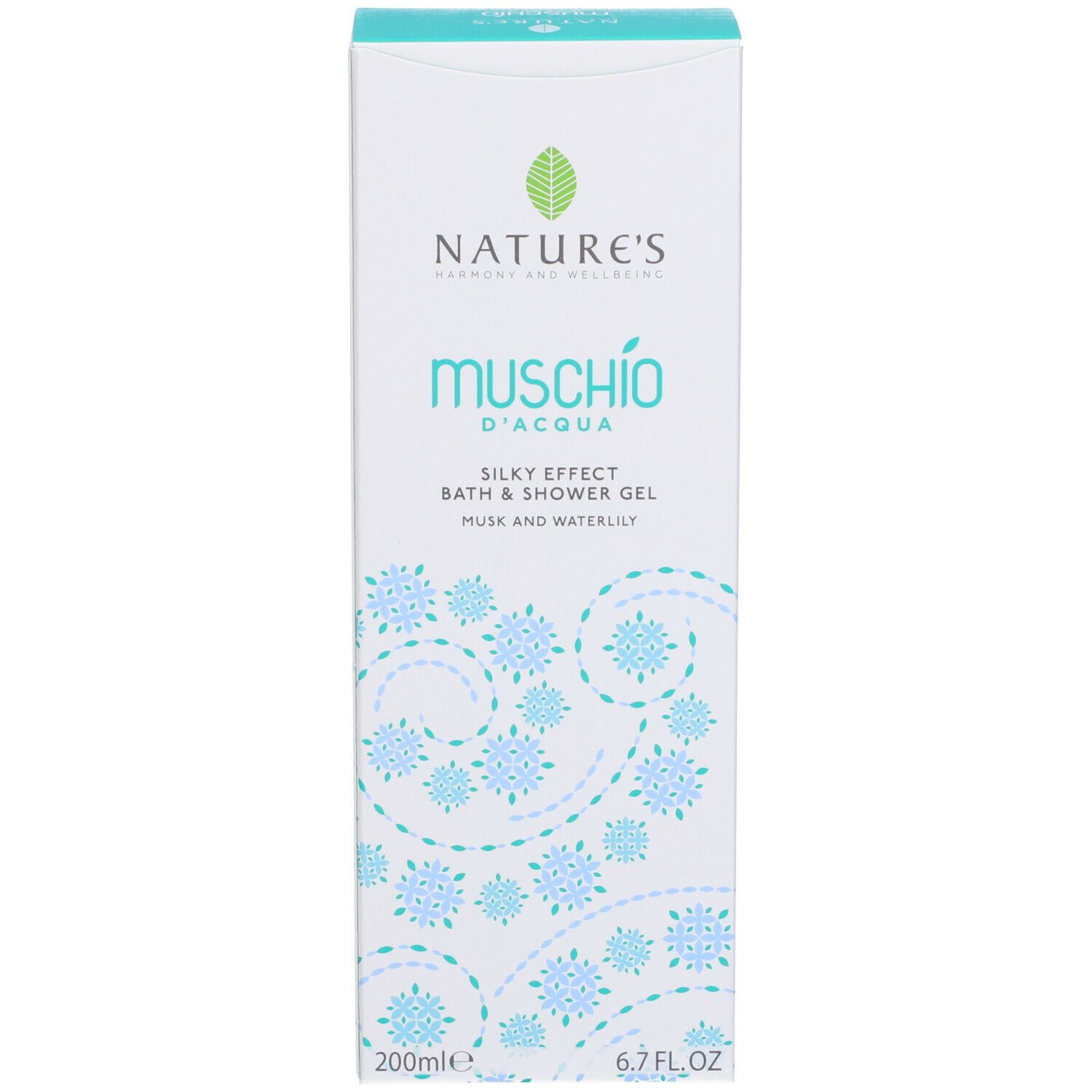 Confezione del prodotto, scatola. Scritta: NATURE'S, Muschio d'Acqua, Silky Effect, Bath & Shower Gel.