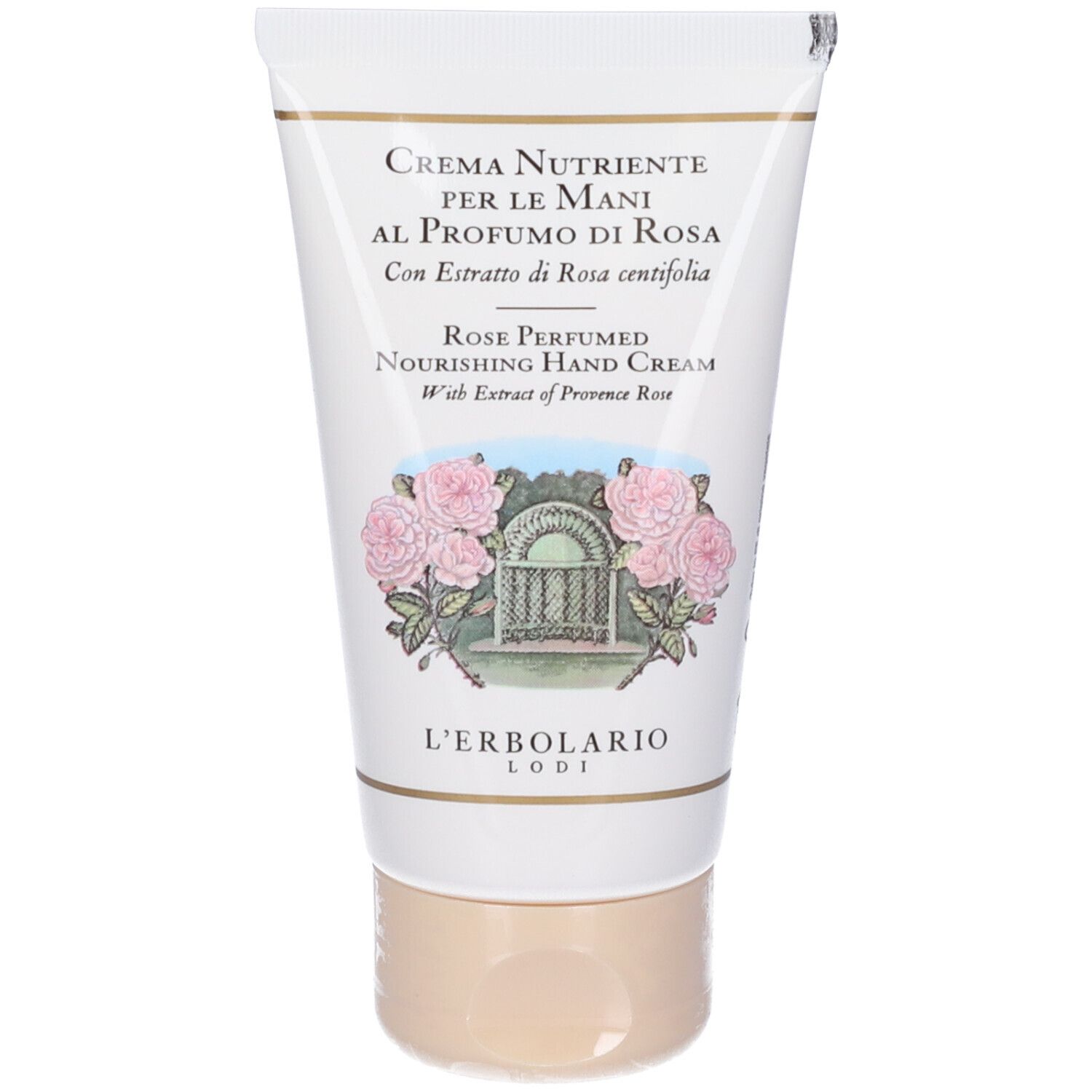 Creme-Tube. Aufschrift: Crema Nutriente per le Mani. Rosen-Design. Marke: L'Erbolario.