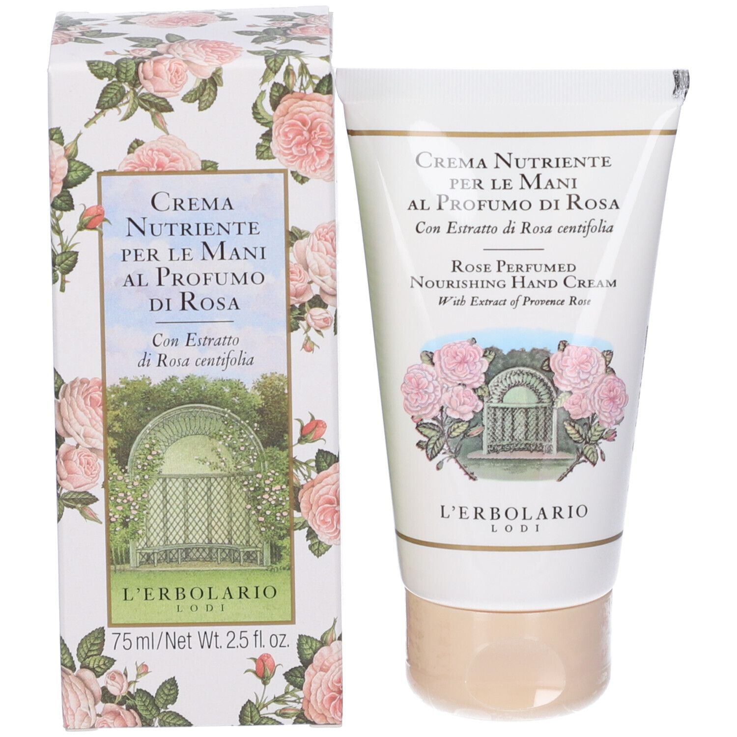 Creme-Tube und Schachtel. Aufschrift: Crema Nutriente per le Mani. Rosen-Design. Marke: L'Erbolario.
