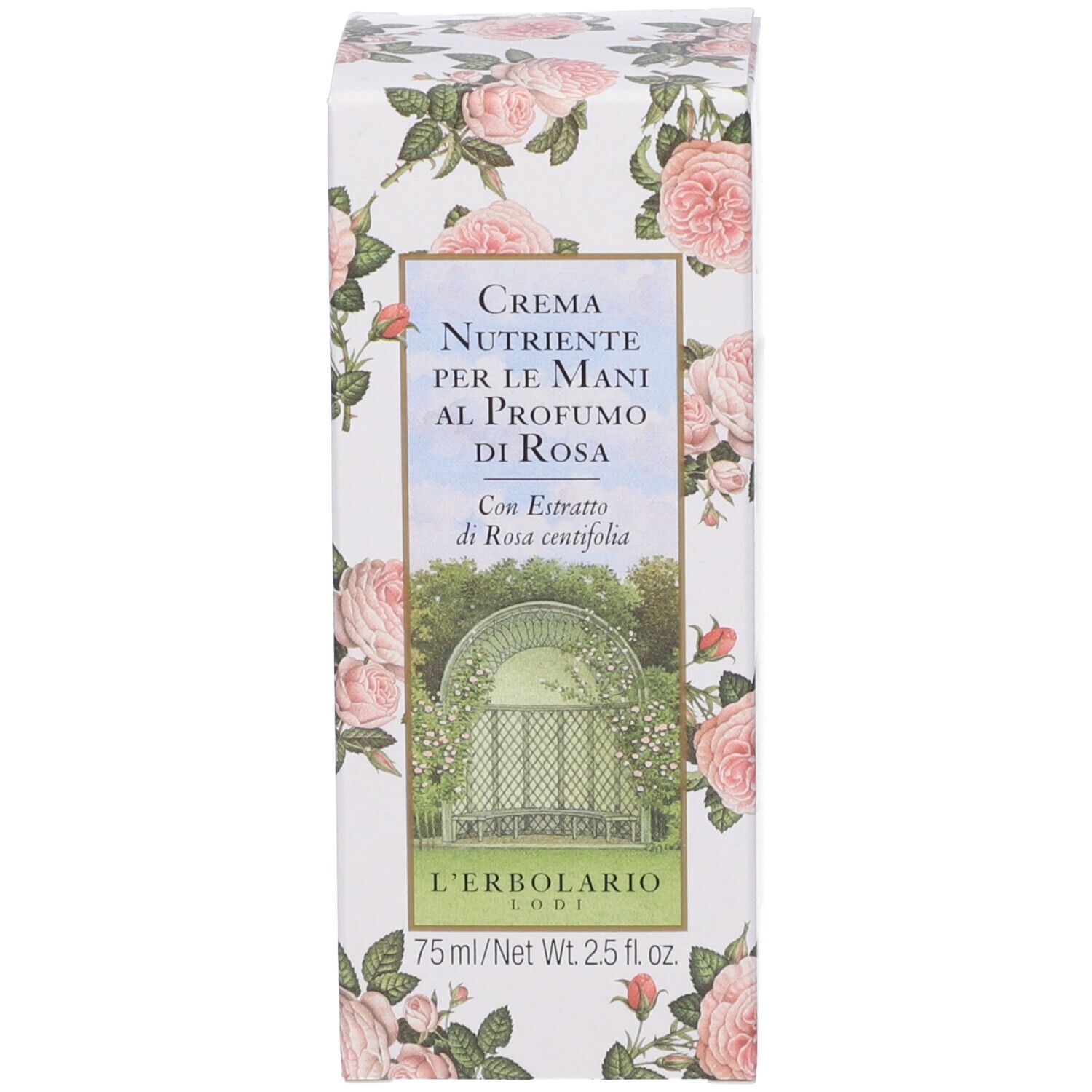 Schachtel. Aufschrift: Crema Nutriente per le Mani. Rosen-Design. Marke: L'Erbolario. 75 ml/2.5 fl oz.