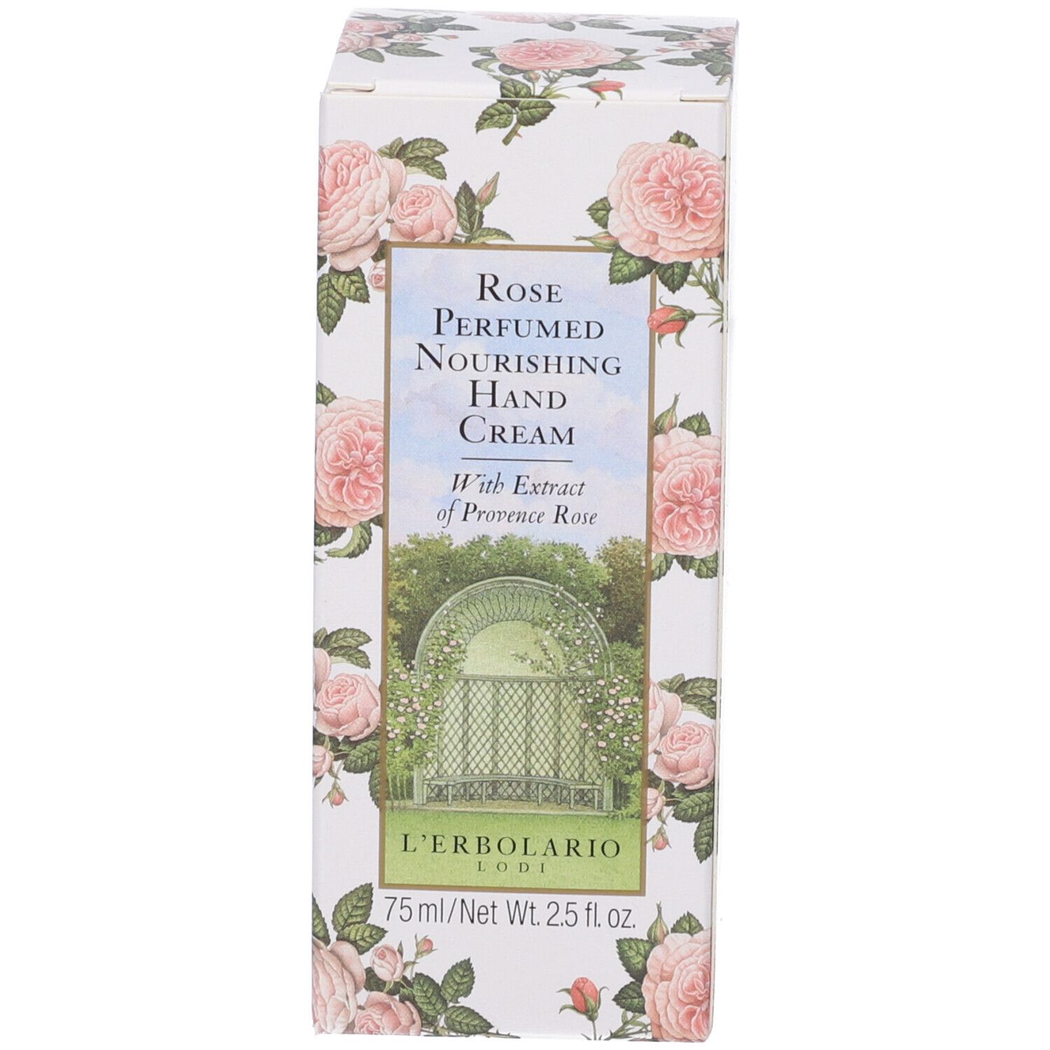 Schachtel. Aufschrift: Rose Perfumed Nourishing Hand Cream. Rosen-Design. Marke: L'Erbolario. 75 ml/2.5 fl oz.