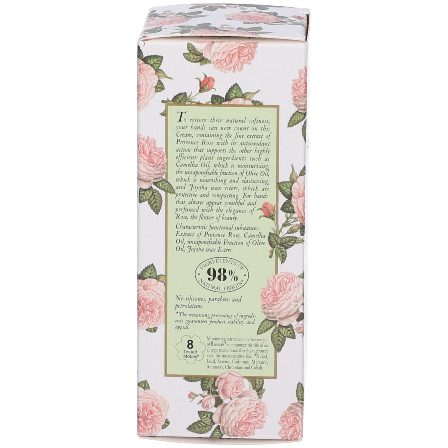Rückseite der Schachtel. Text in englischer Sprache. Rosen-Design. Marke: L'Erbolario. 98% natürliche Inhaltsstoffe.