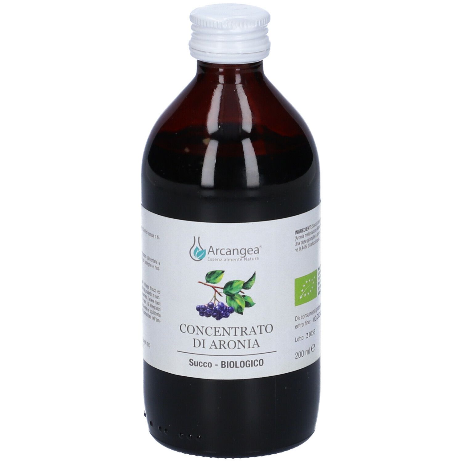 Bottiglia di vetro marrone con tappo bianco. Etichetta: Concentrato di Aronia, Succo - BIOLOGICO. Logo Archangea.