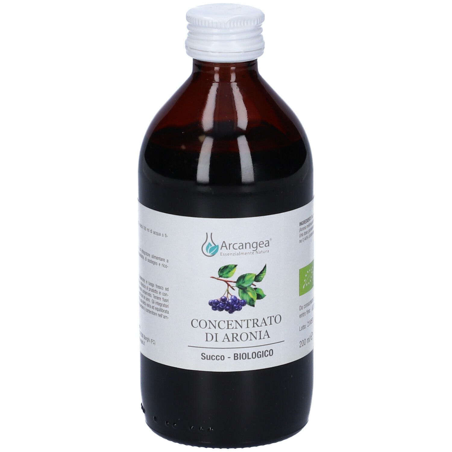 Bottiglia di vetro marrone con tappo bianco. Etichetta: Concentrato di Aronia, Succo - BIOLOGICO. Logo Archangea.