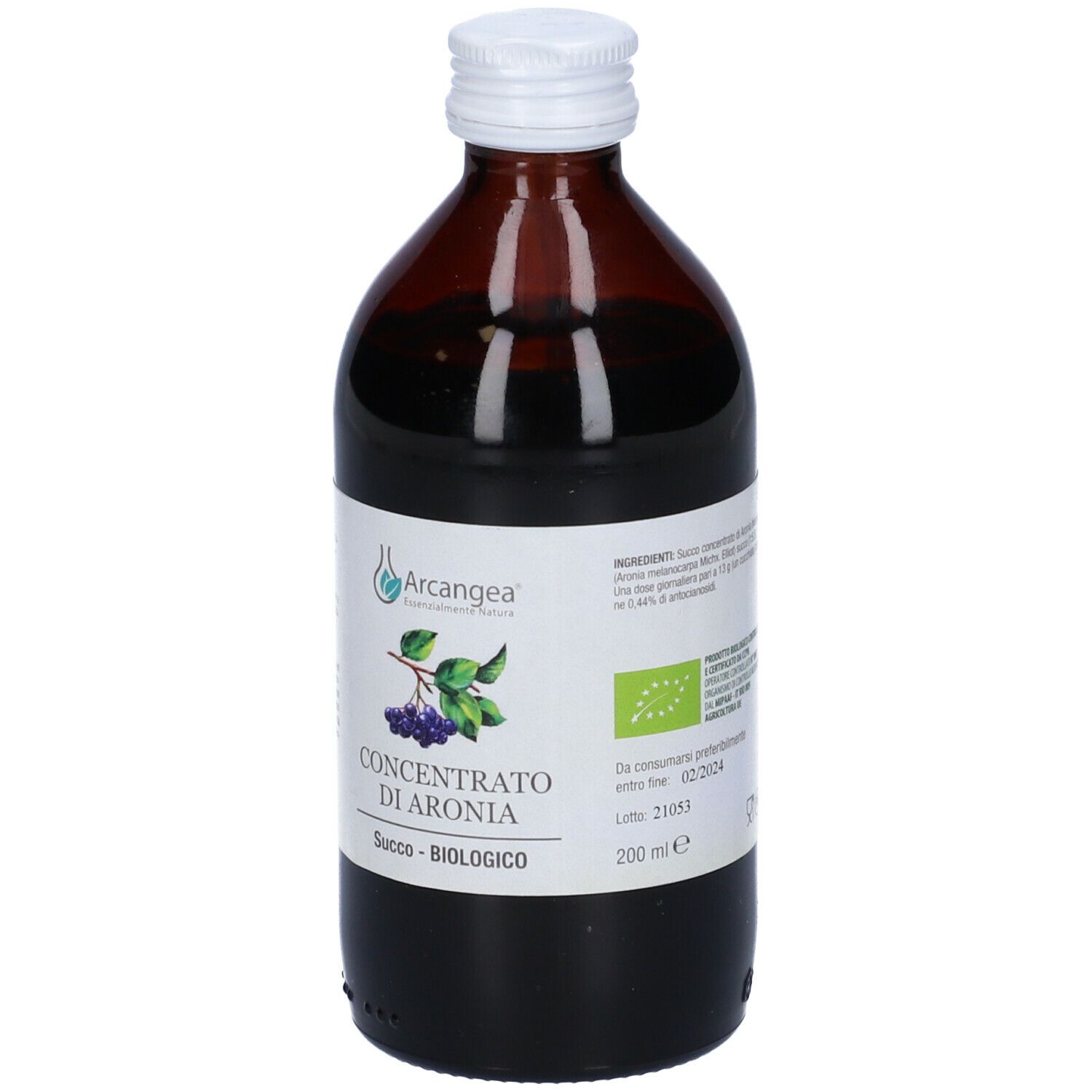 Bottiglia di vetro marrone con tappo bianco. Etichetta: Concentrato di Aronia, Succo - BIOLOGICO. Logo Archangea. Sigillo biologico.