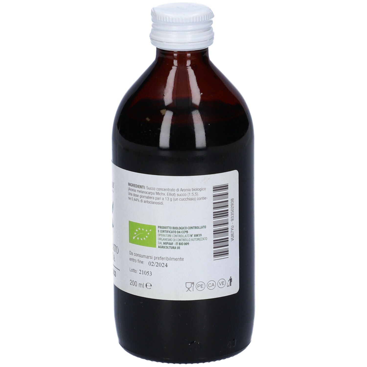 Bottiglia di vetro marrone con tappo bianco. Retro con testo. Sigillo biologico. 200 ml.