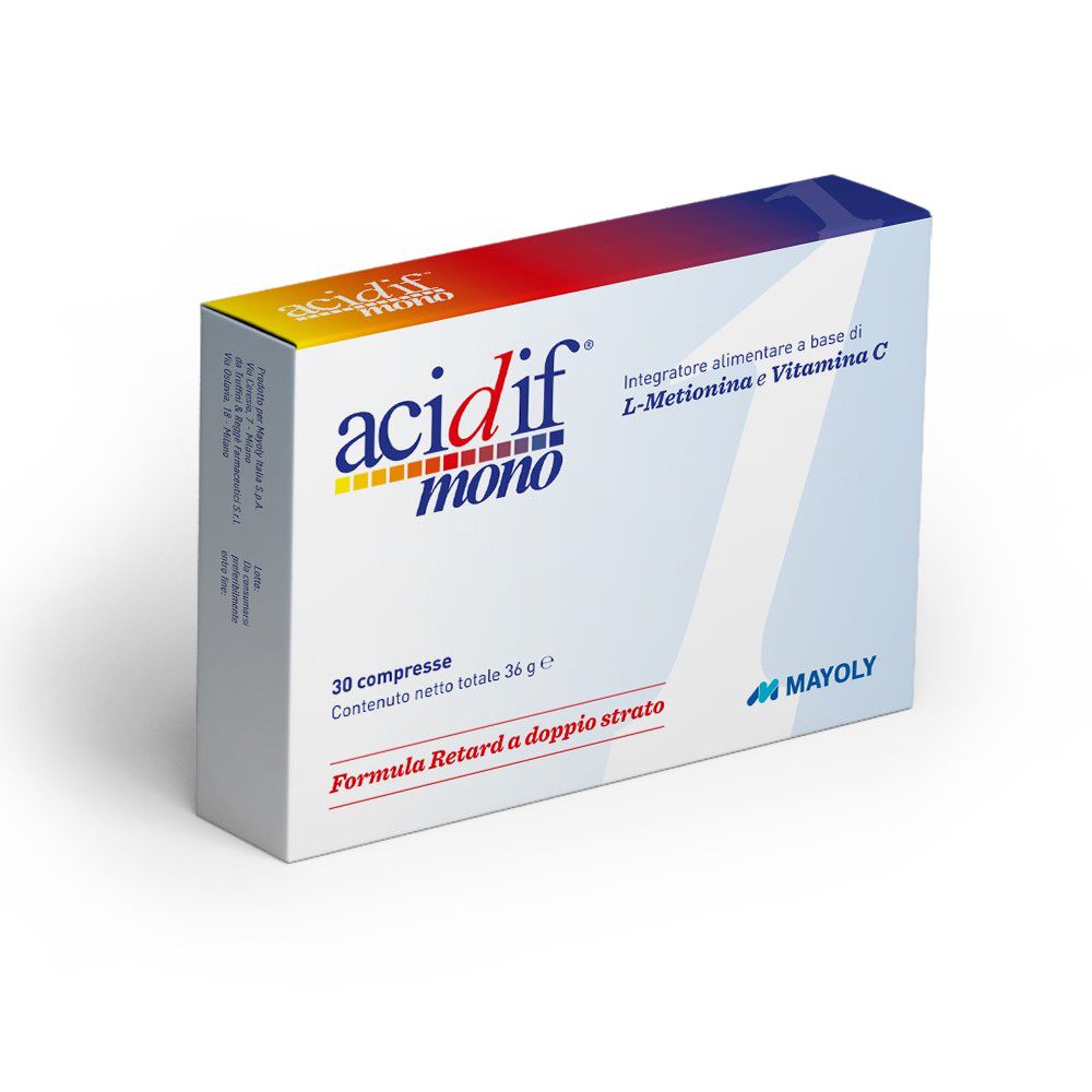 Boîte de "acidif mono" avec 30 comprimés. Ingrédients: L-Méthionine et Vitamine C. Marque: Mayoly.