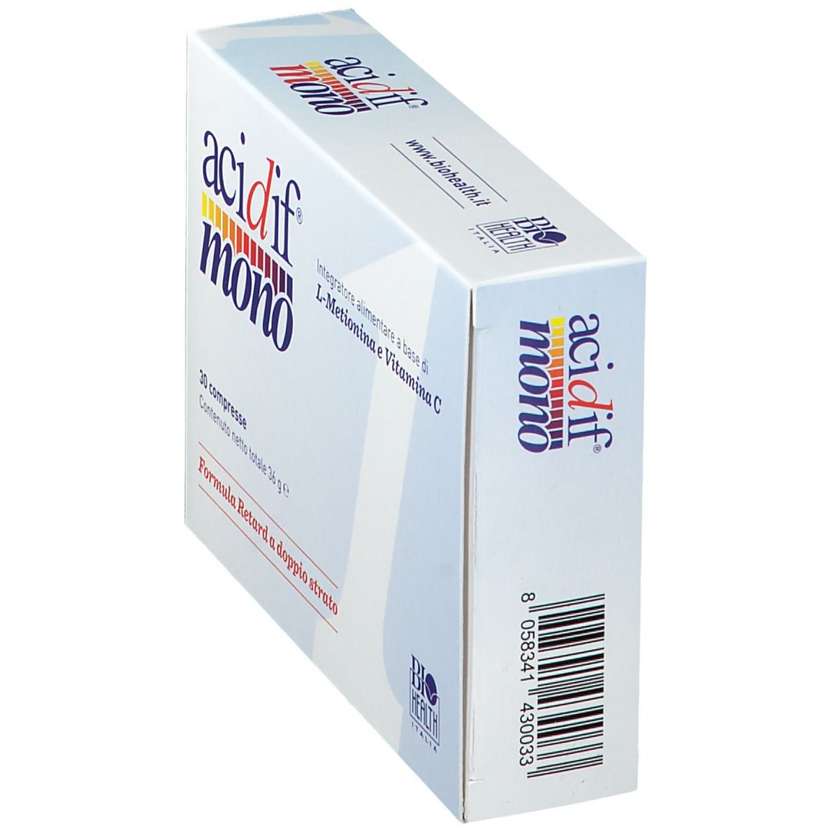 Boîte "acidif mono" en biais. Contient 30 comprimés. Ingrédients: L-Méthionine et Vitamine C. Marque: Bio Health Italia.