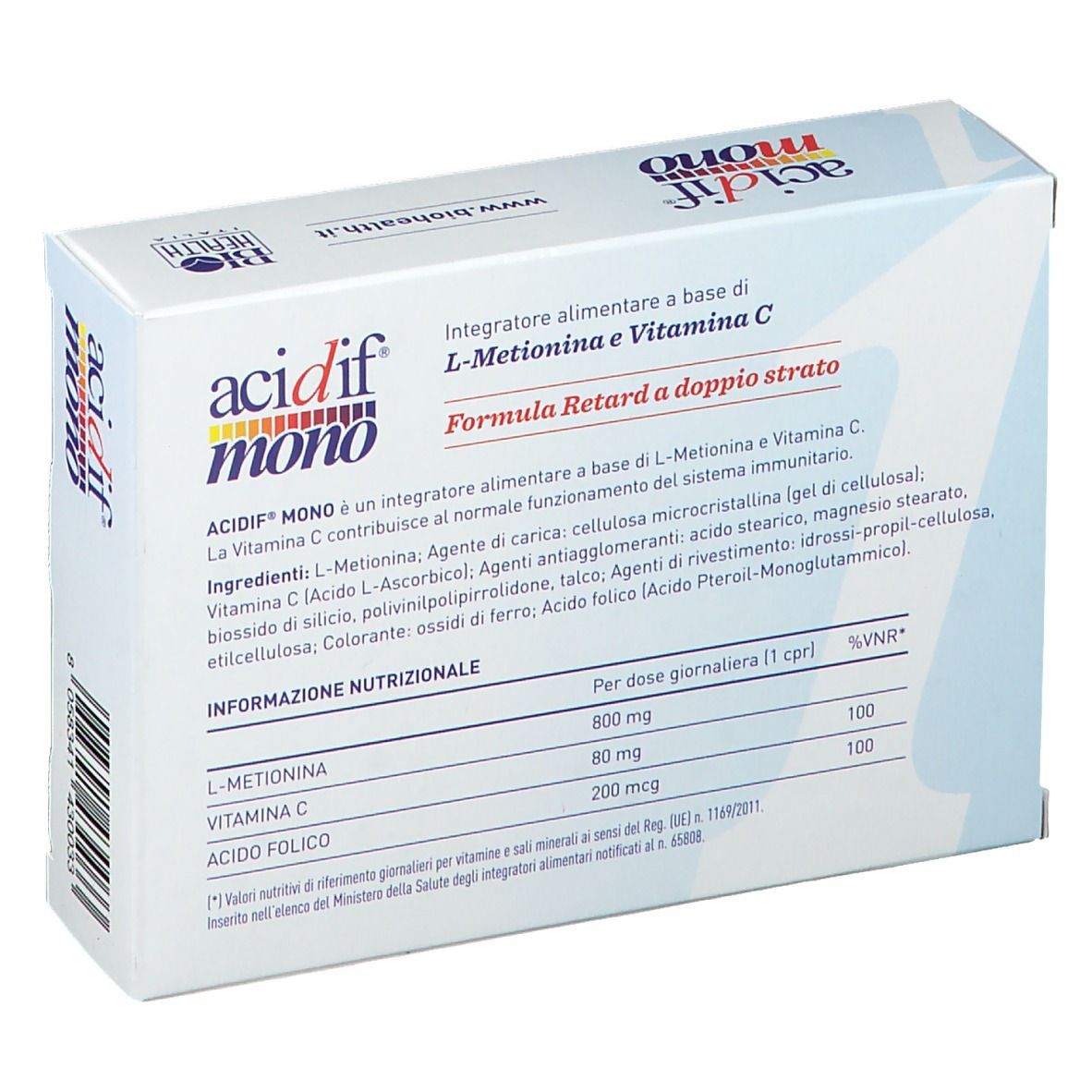 Dos de la boîte "acidif mono". Informations sur les ingrédients et la valeur nutritionnelle. Marque: Bio Health Italia.
