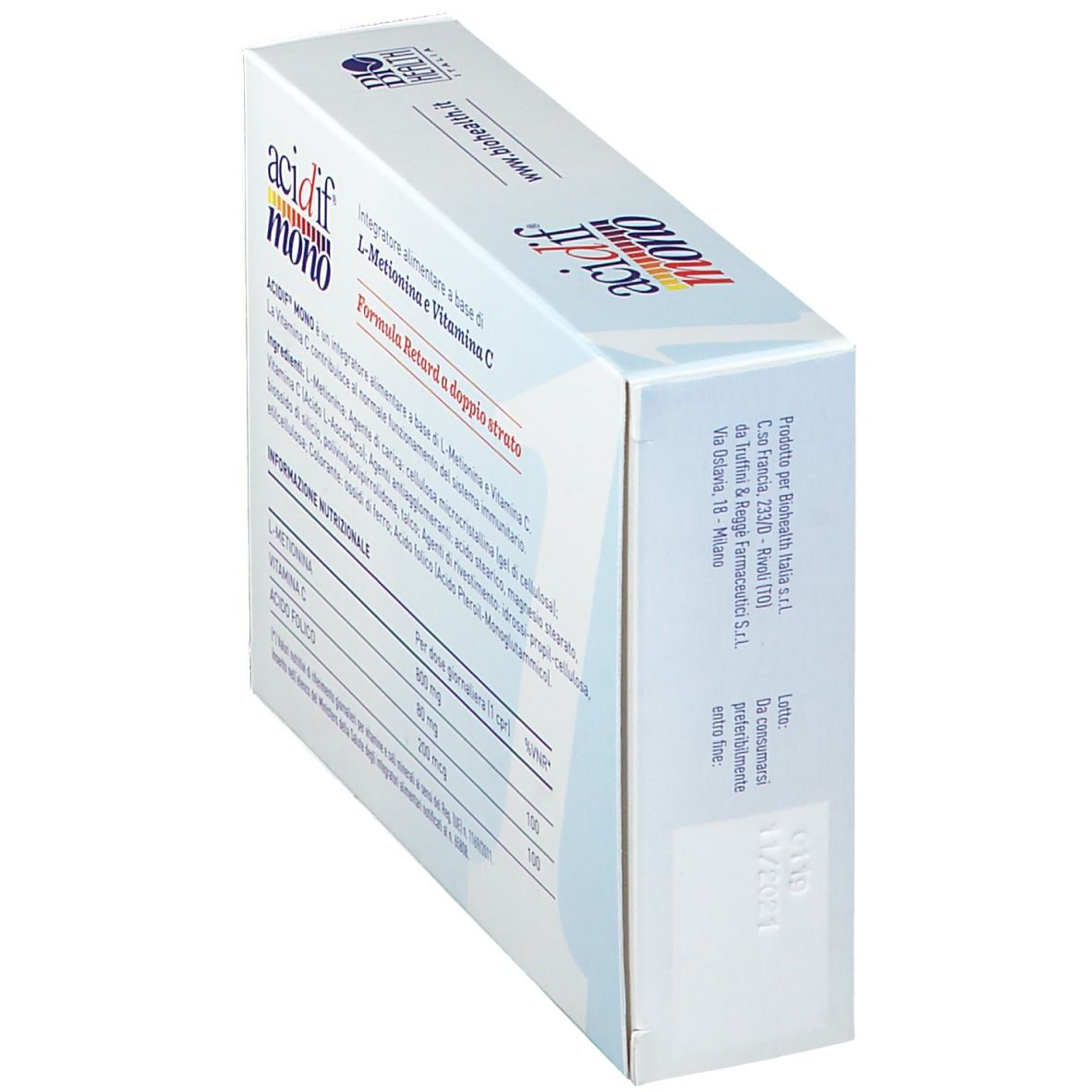 Boîte "acidif mono" en biais. Dos avec ingrédients et valeurs nutritionnelles. Marque: Bio Health Italia.
