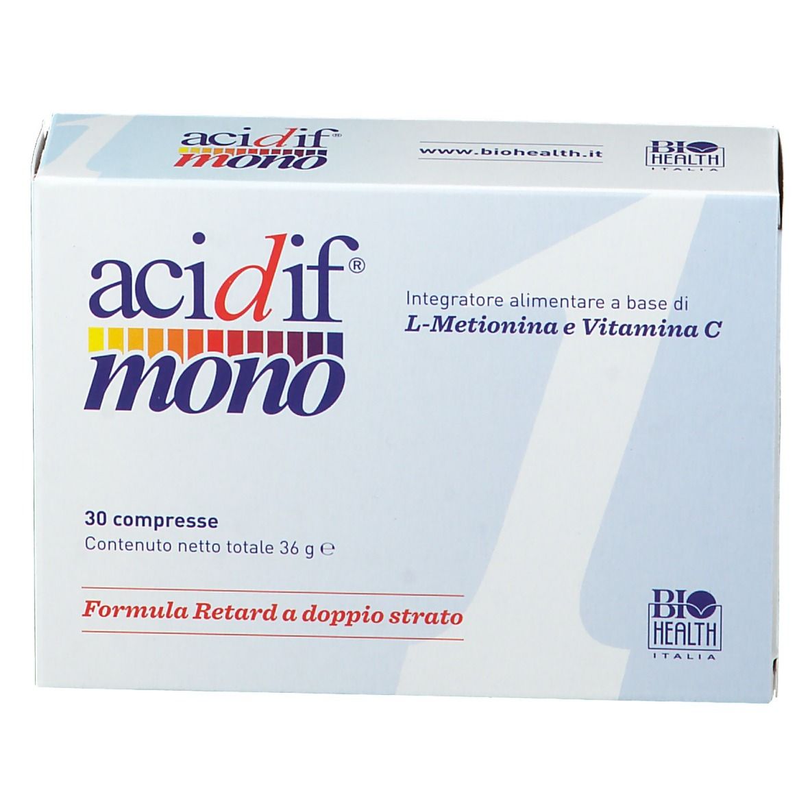 Boîte blanche "acidif mono" avec 30 comprimés. Ingrédients: L-Méthionine et Vitamine C. Marque: Bio Health Italia.