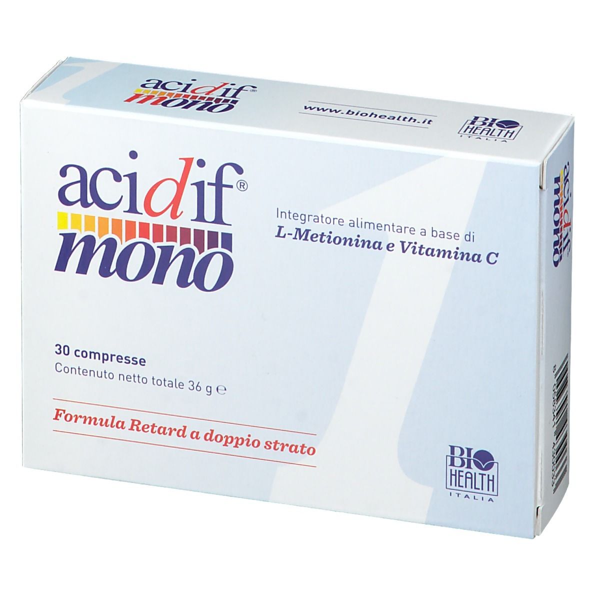 Boîte blanche "acidif mono" avec 30 comprimés. Ingrédients: L-Méthionine et Vitamine C. Marque: Bio Health Italia.