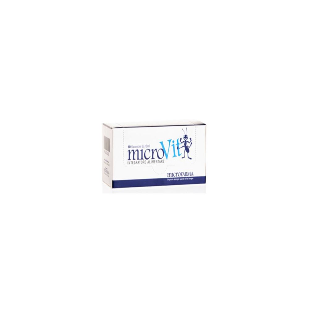 Scatola bianca con logo e testo blu. Scritto: microVit, Integratore Alimentare. Logo formica.