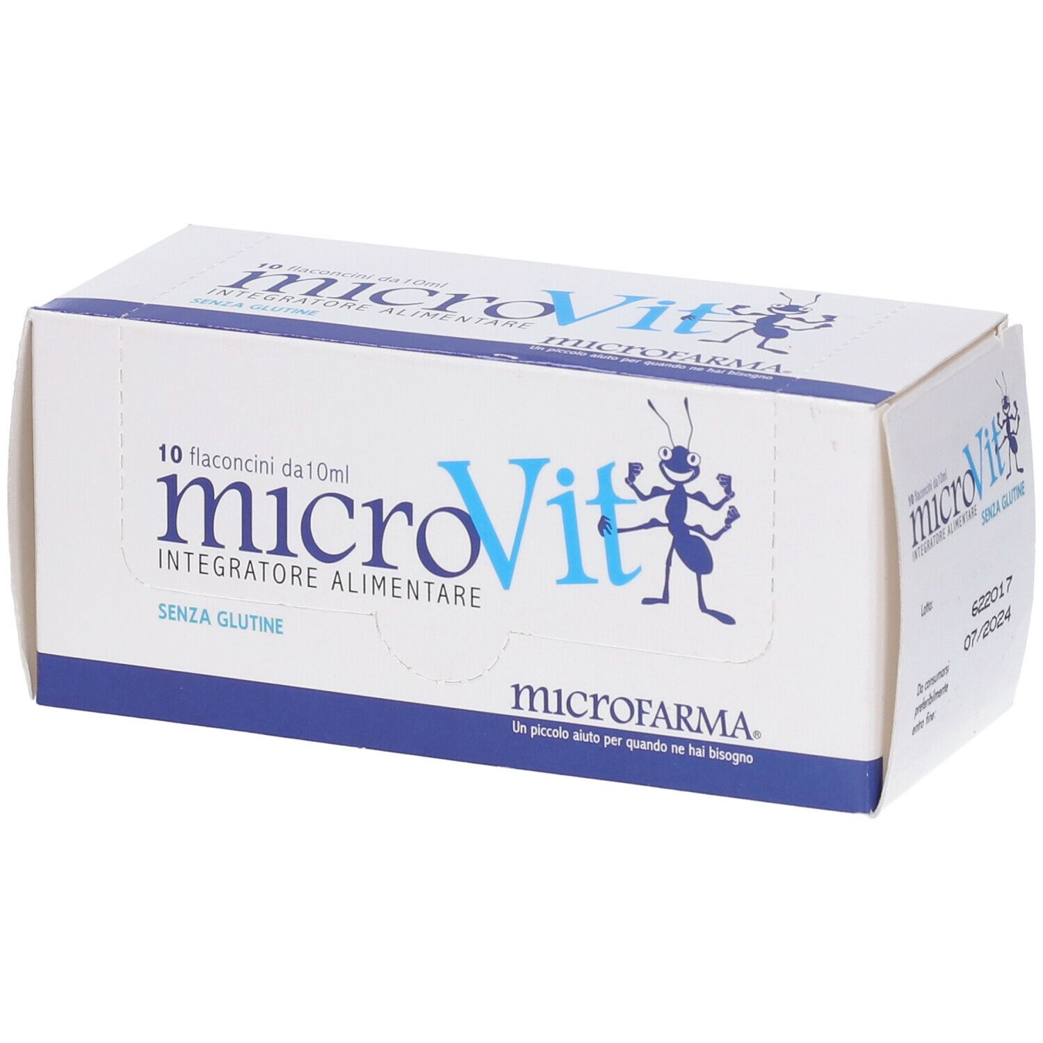 Scatola bianca con logo e testo blu. Scritto: microVit, 10 flaconcini. Logo formica. Senza glutine.