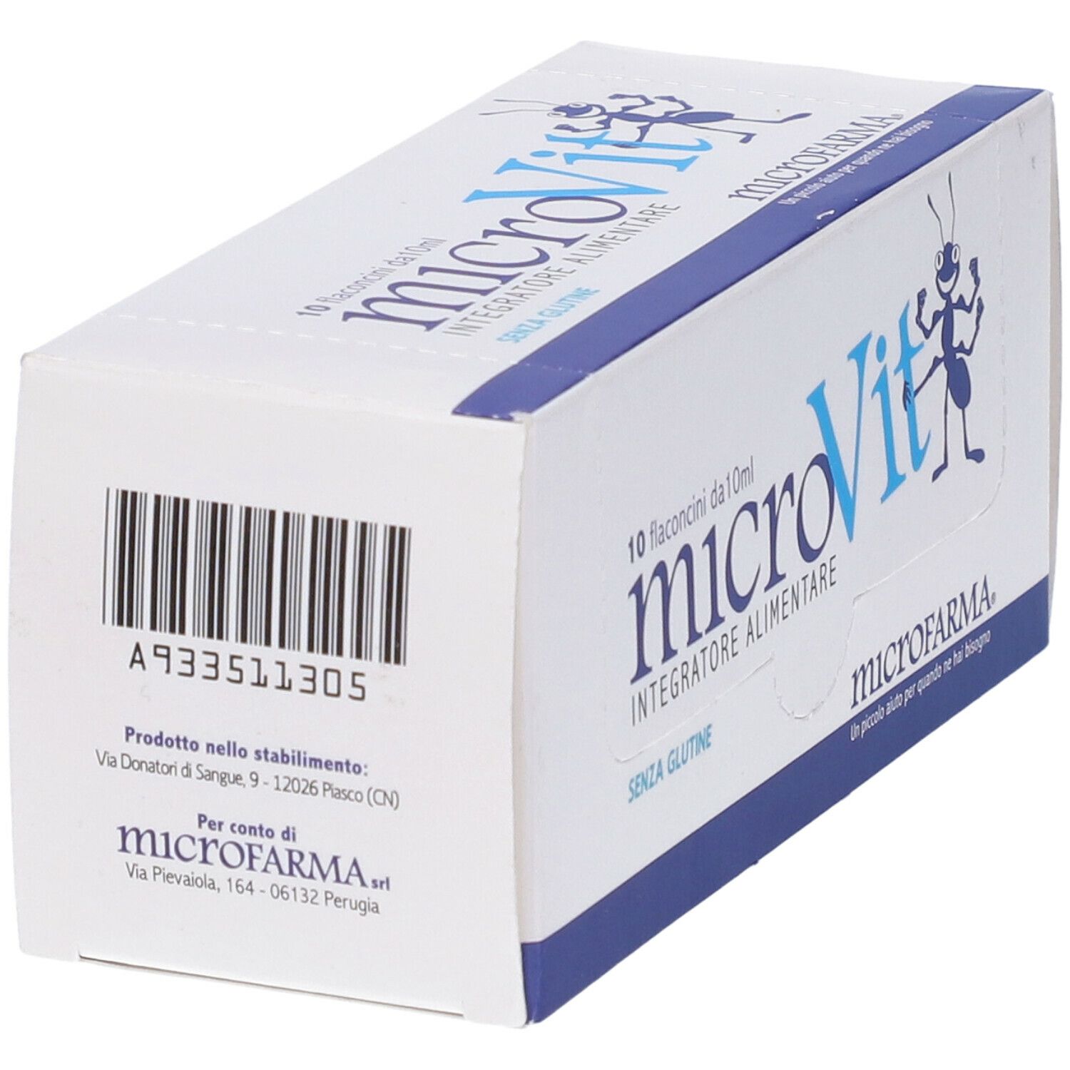Scatola bianca con logo e testo blu. Scritto: microVit, 10 flaconcini. Logo formica. Senza glutine. Codice a barre.