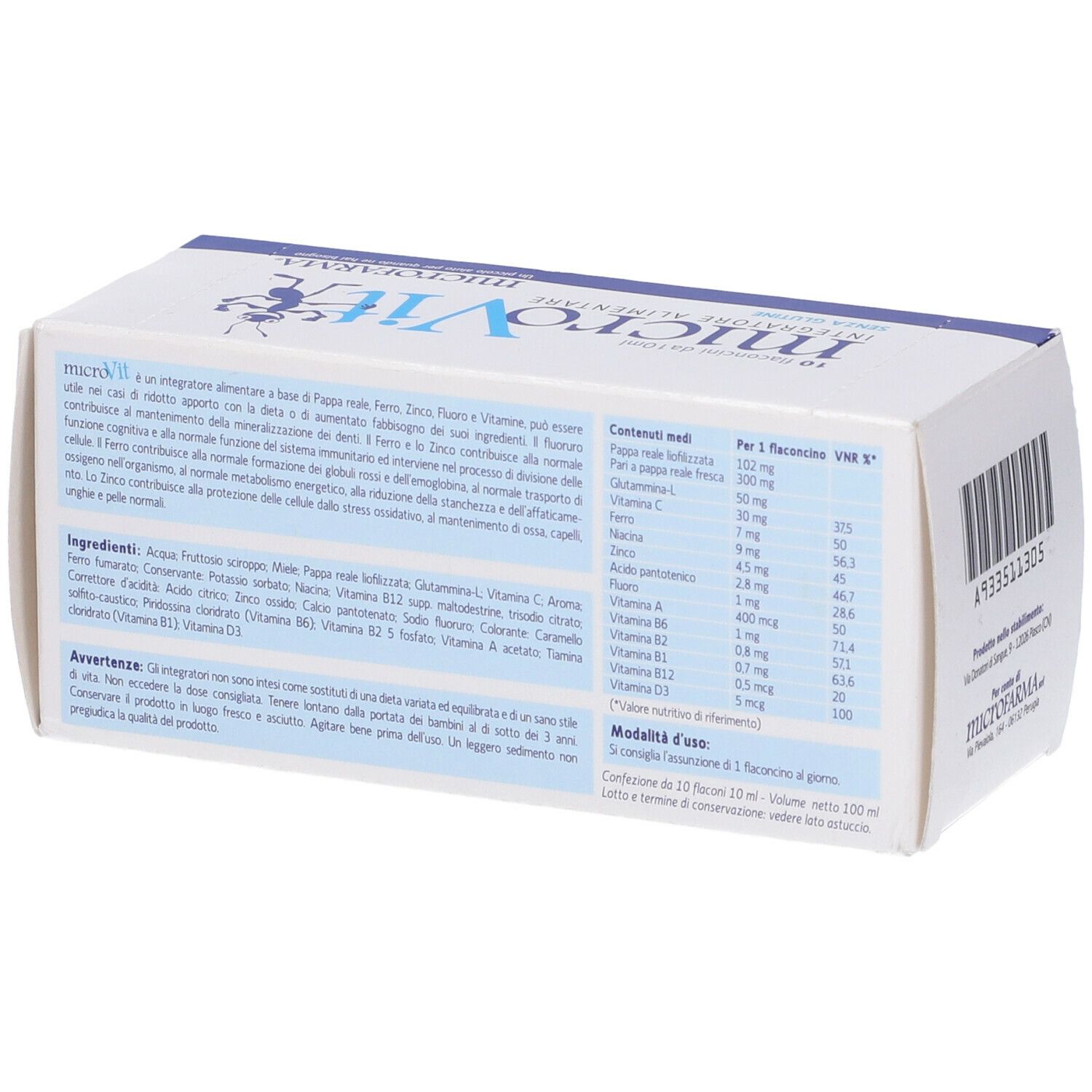 Scatola bianca con logo e testo blu. Scritto: microVit, 10 flaconcini. Logo formica. Senza glutine. Ingredienti e tabella nutrizionale.