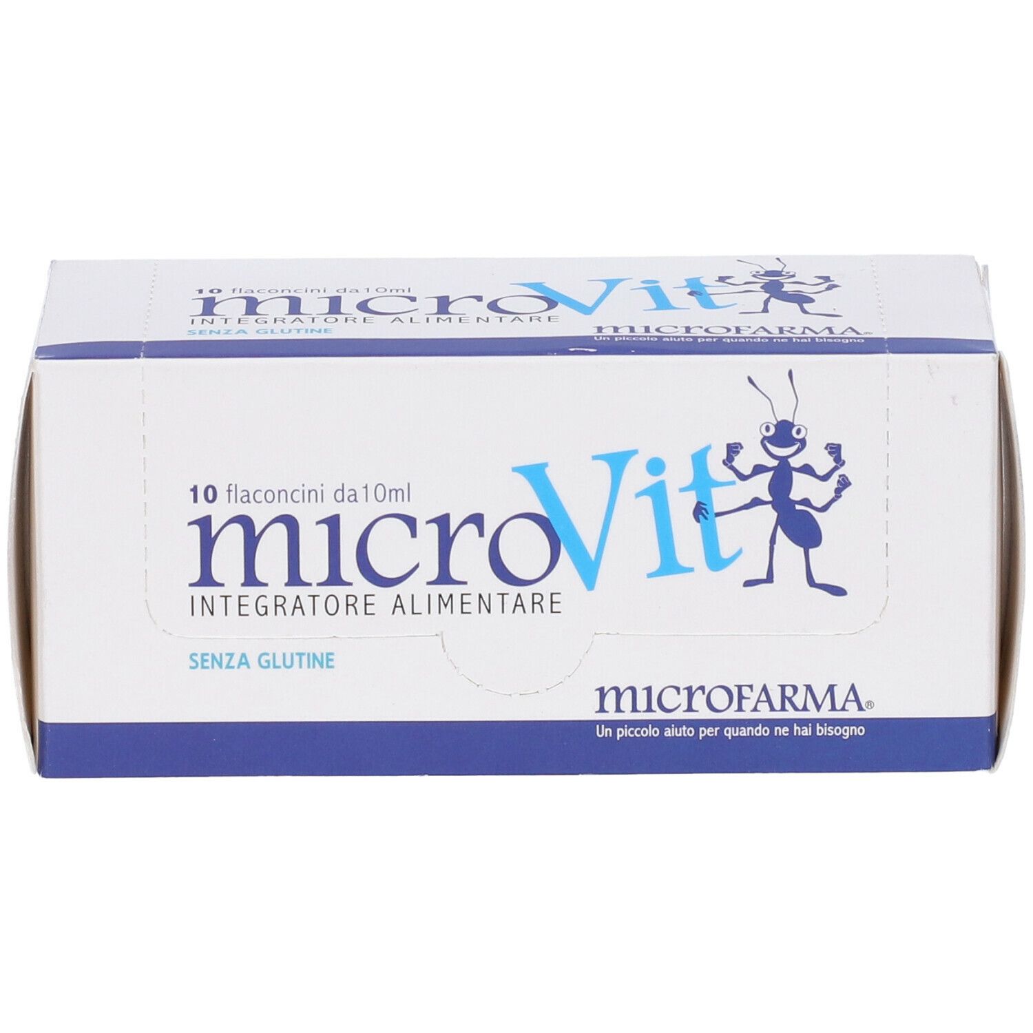 Scatola bianca con logo e testo blu. Scritto: microVit, 10 flaconcini. Logo formica. Senza glutine.