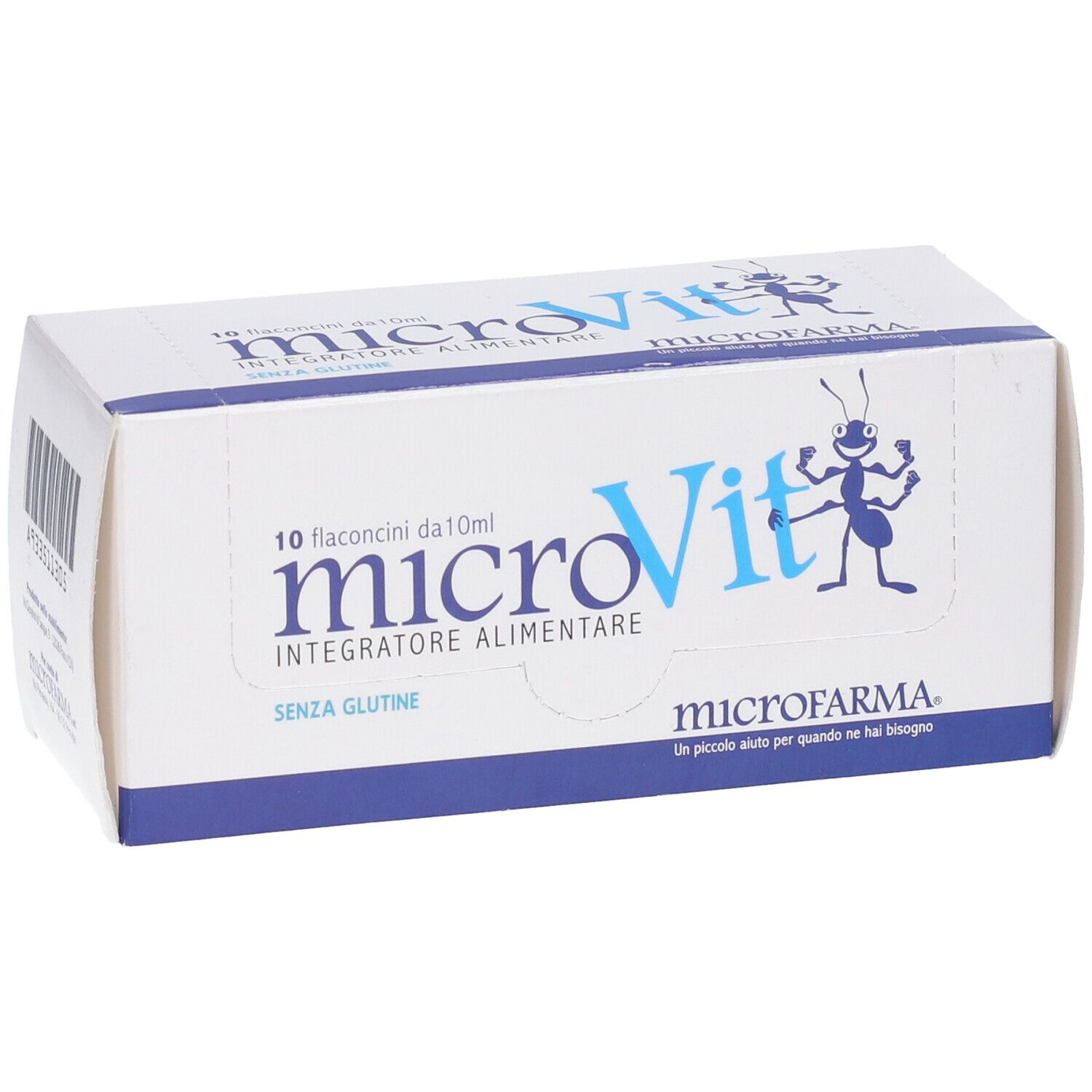 Scatola bianca con logo e testo blu. Scritto: microVit, 10 flaconcini. Logo formica. Senza glutine.