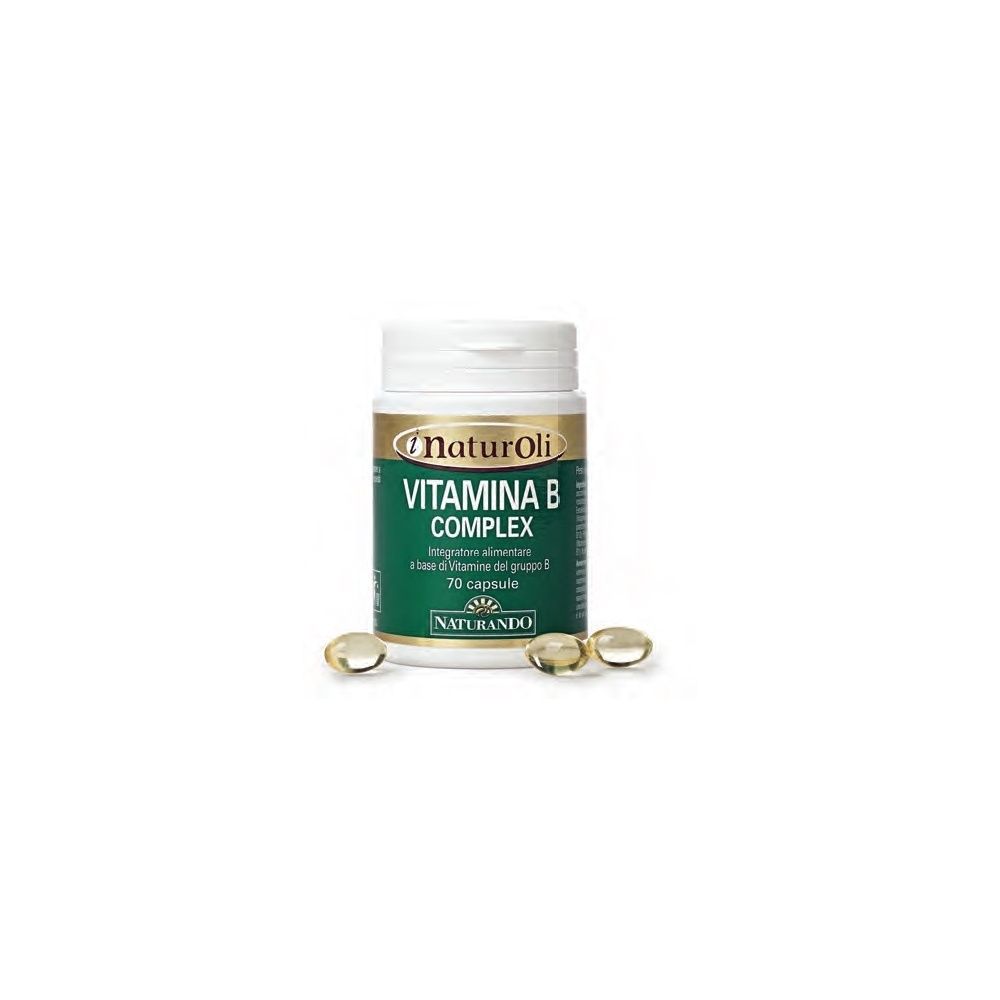 Weißes Fläschchen mit grünem Etikett. Aufschrift: Vitamin B Complex. Einige Kapseln liegen daneben.