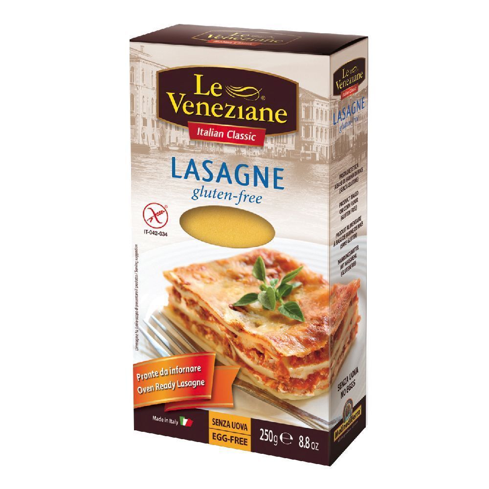 Confezione di lasagne Le Veneziane, senza glutine. Immagine di lasagne cotte. Scritta: Italian Classic.