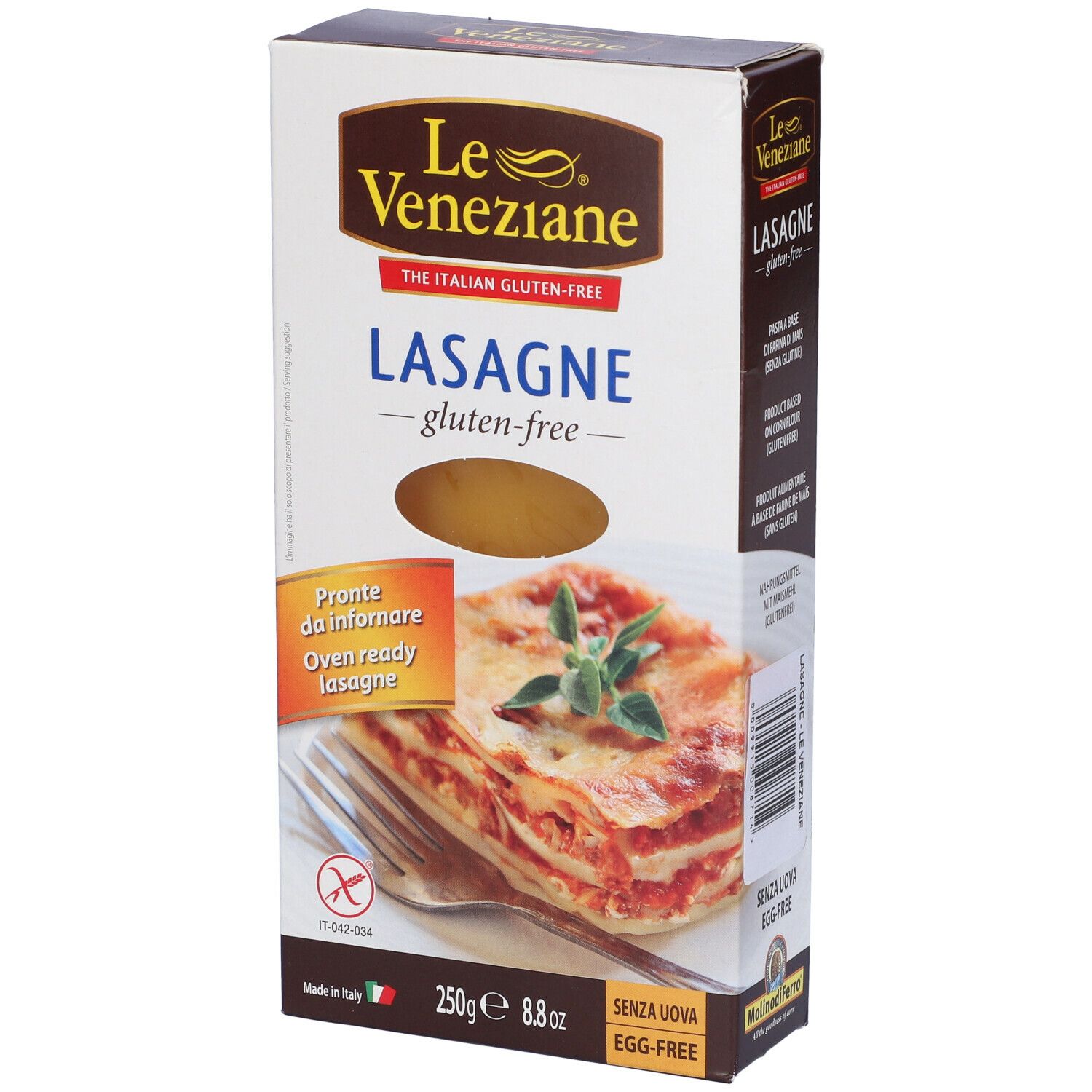 Confezione di lasagne Le Veneziane, senza glutine. Immagine di lasagne cotte. Scritta: The Italian Gluten-Free.