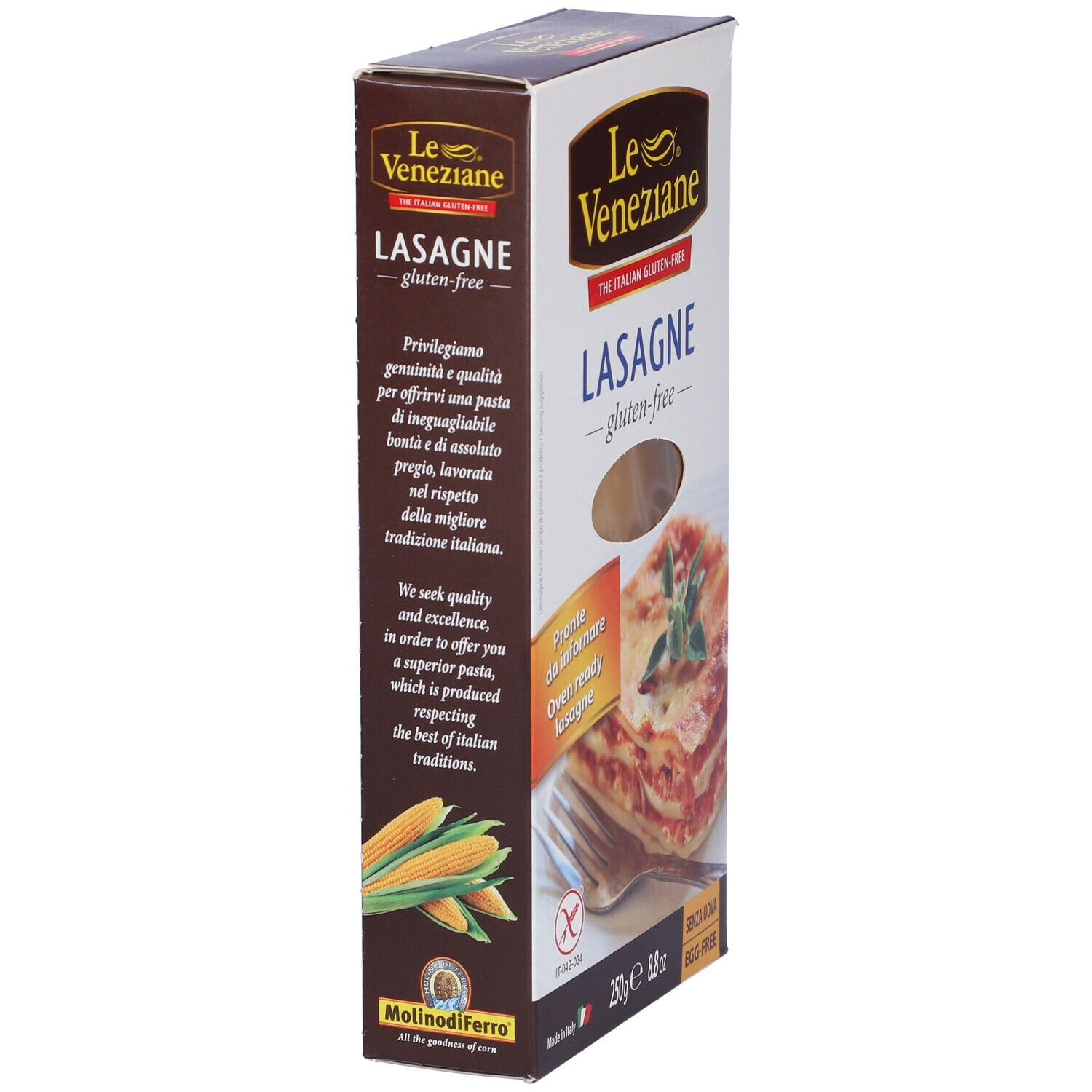 Confezione di lasagne Le Veneziane, senza glutine. Immagine di lasagne cotte. Vista laterale.