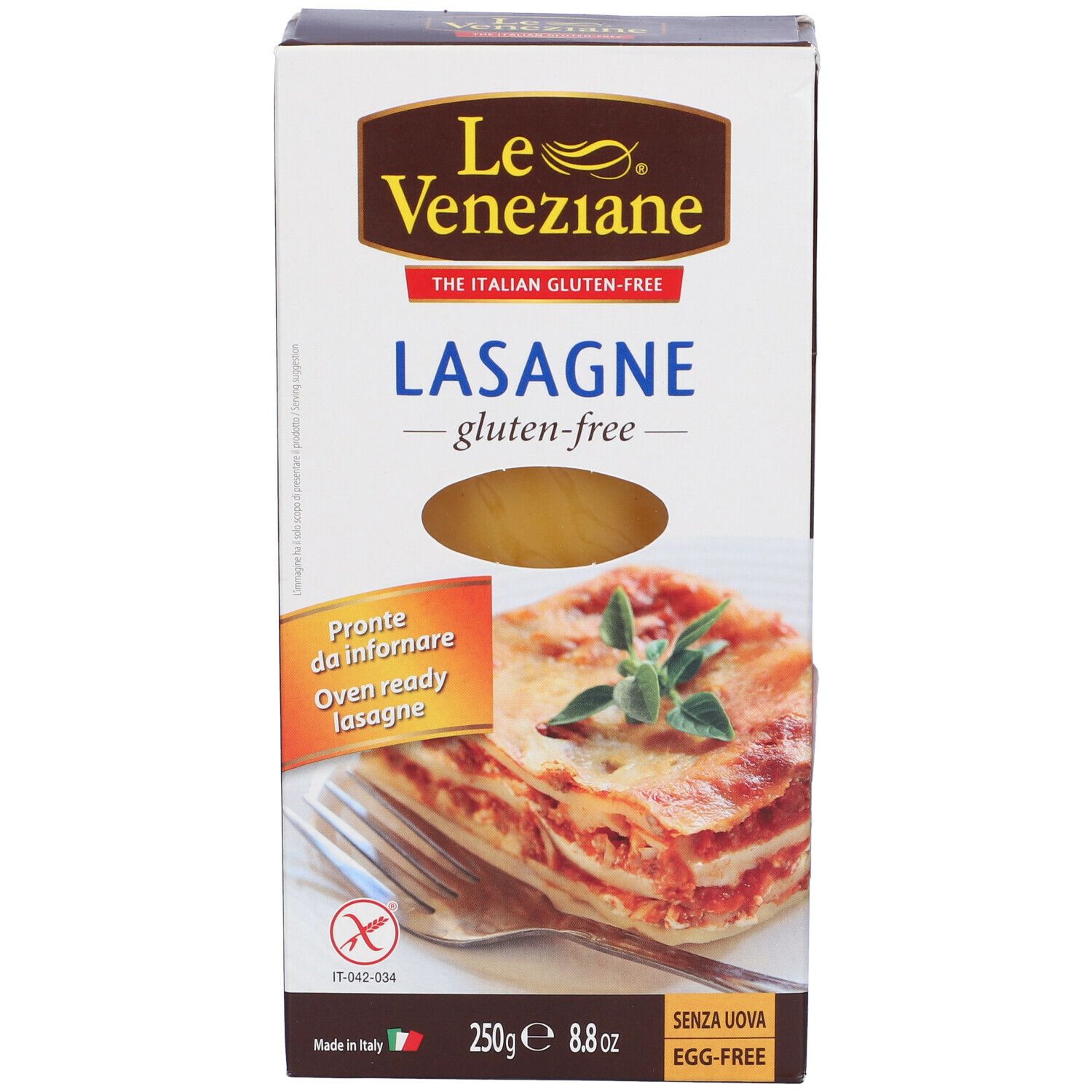 Confezione di lasagne Le Veneziane, senza glutine. Immagine di lasagne cotte. Scritta: The Italian Gluten-Free.