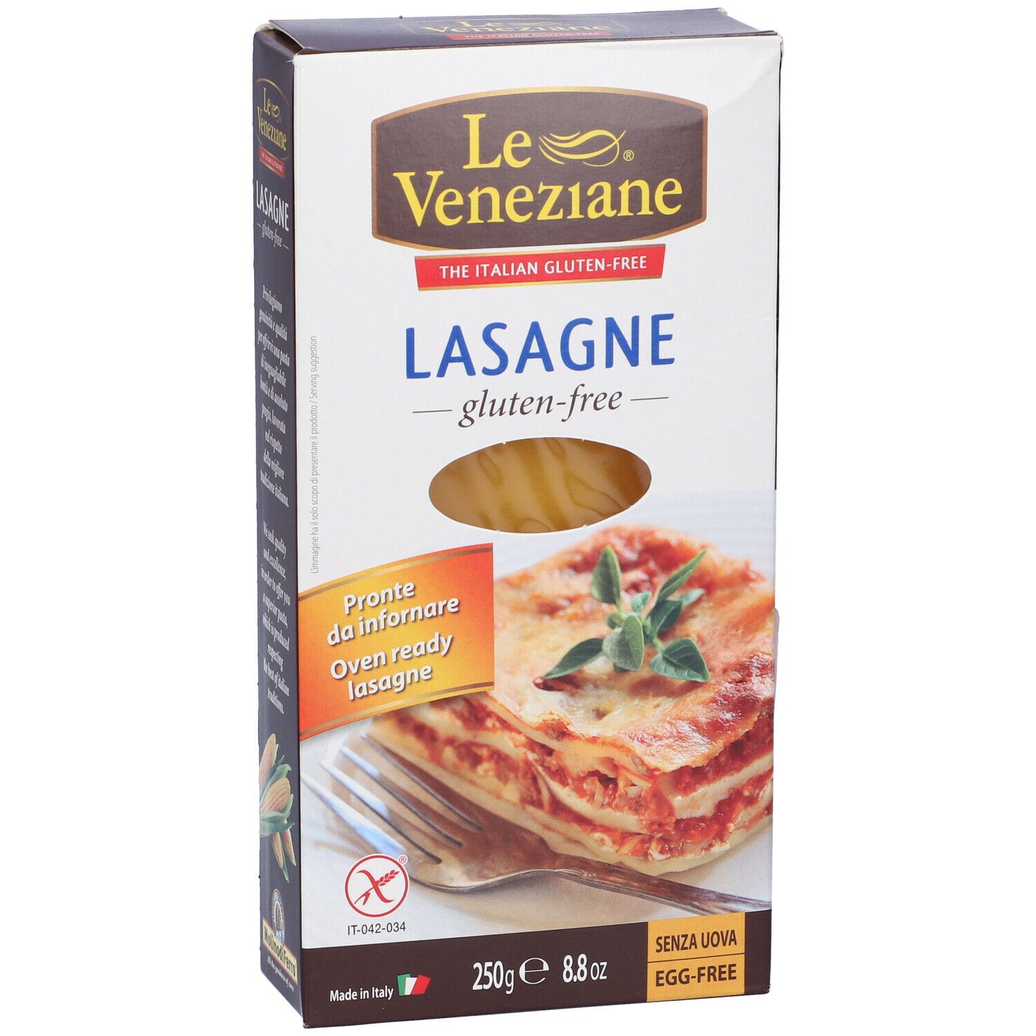 Confezione di lasagne Le Veneziane, senza glutine. Immagine di lasagne crude. Scritta: The Italian Gluten-Free.