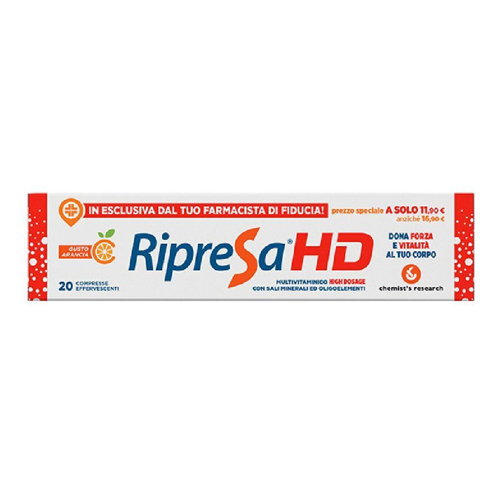 Confezione di Ripresa HD. Contiene 20 compresse effervescenti. Scritta: Multivitaminico High Dosage, con sali minerali ed oligoelementi.