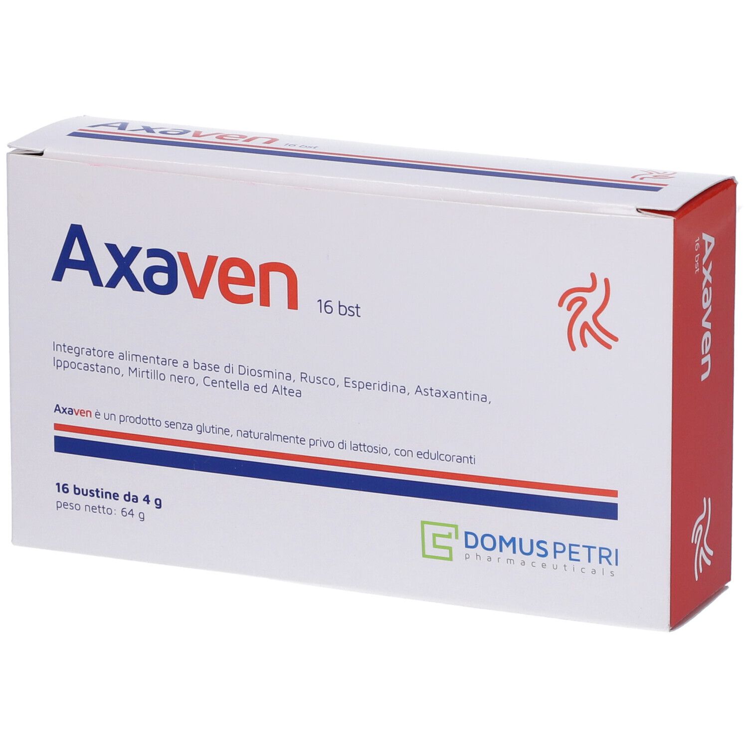 Scatola bianca con Axaven 16 bst. Testo italiano. Lato rosso con logo.