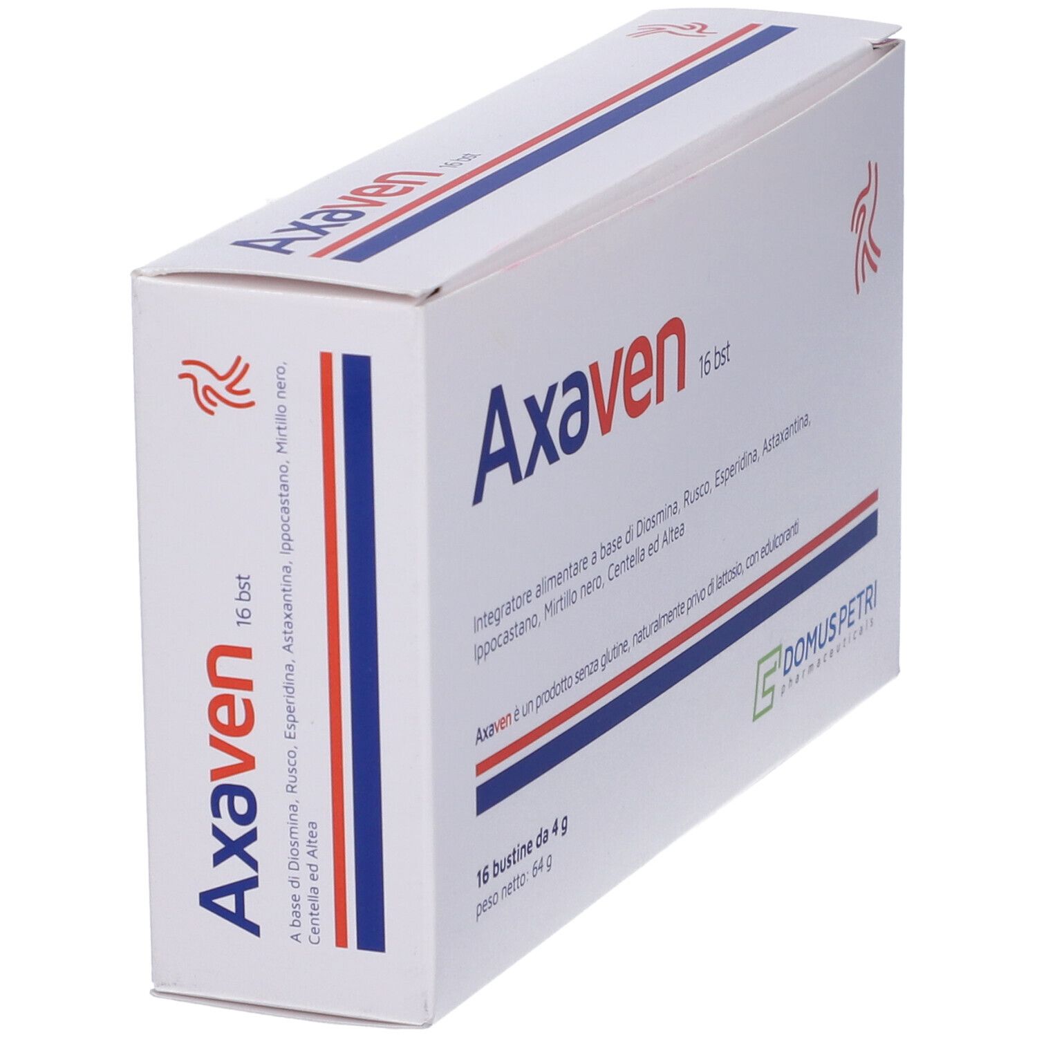 Scatola con Axaven 16 bst. Testo italiano. Strisce rosse e blu. Logo.